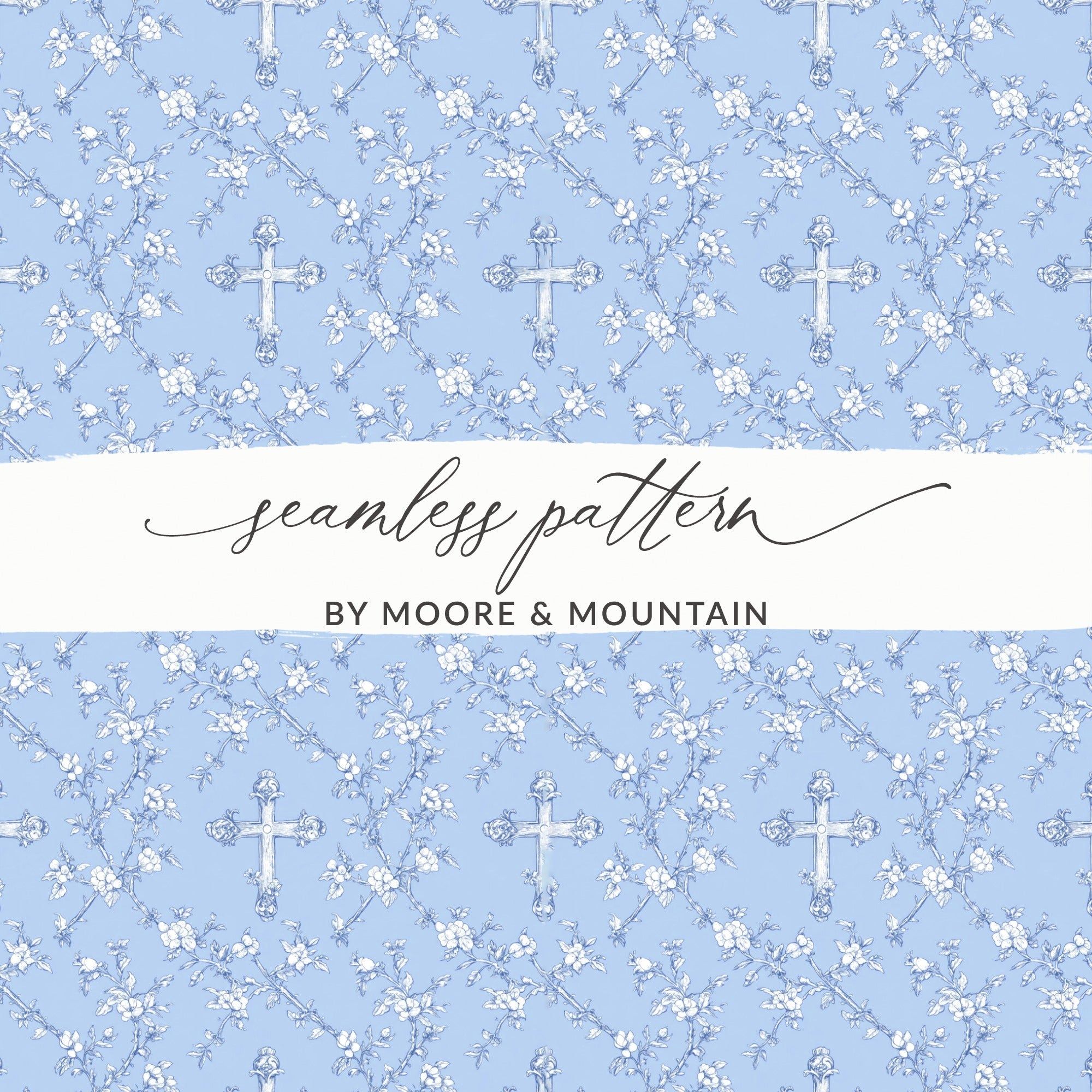 Baby Boy Christian Background With Crosses for Boys, Blue Floral Cross Seamless Pattern Texture Download Includes - Moore and Mountain