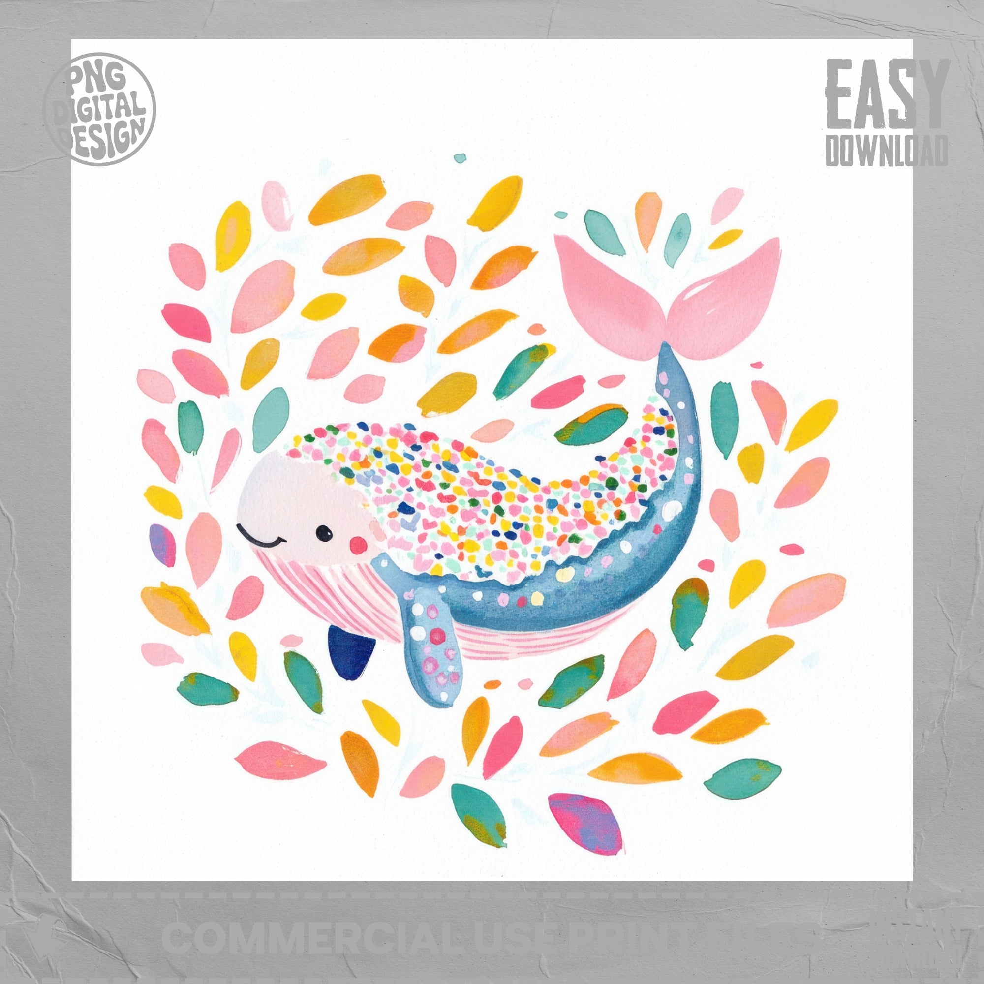 Whimsical watercolor whale with confetti-like spots surrounded by colorful leaves.