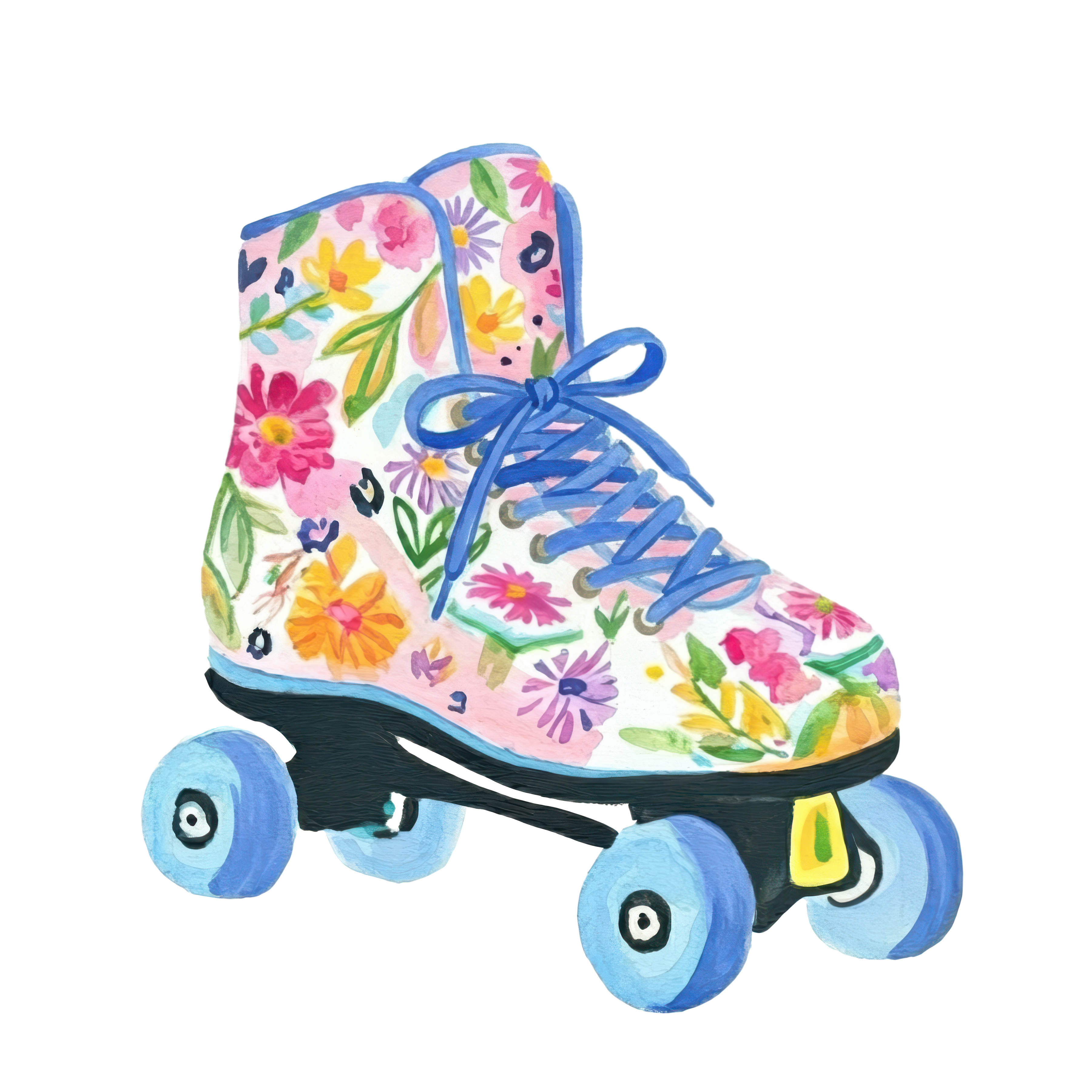 Roller skate with floral pattern, blue laces, and blue wheels.