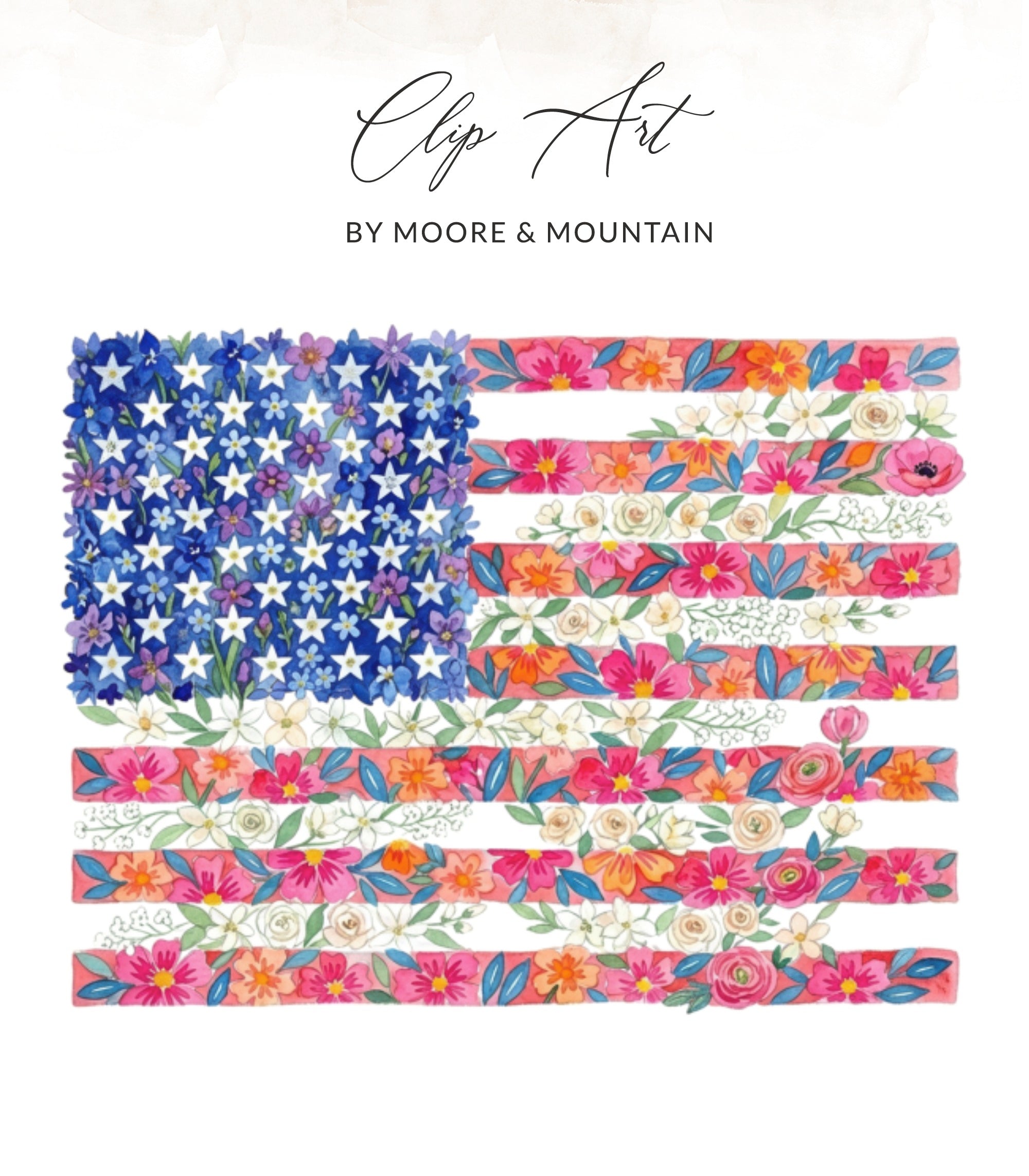 American flag made of watercolor flowers and stars.