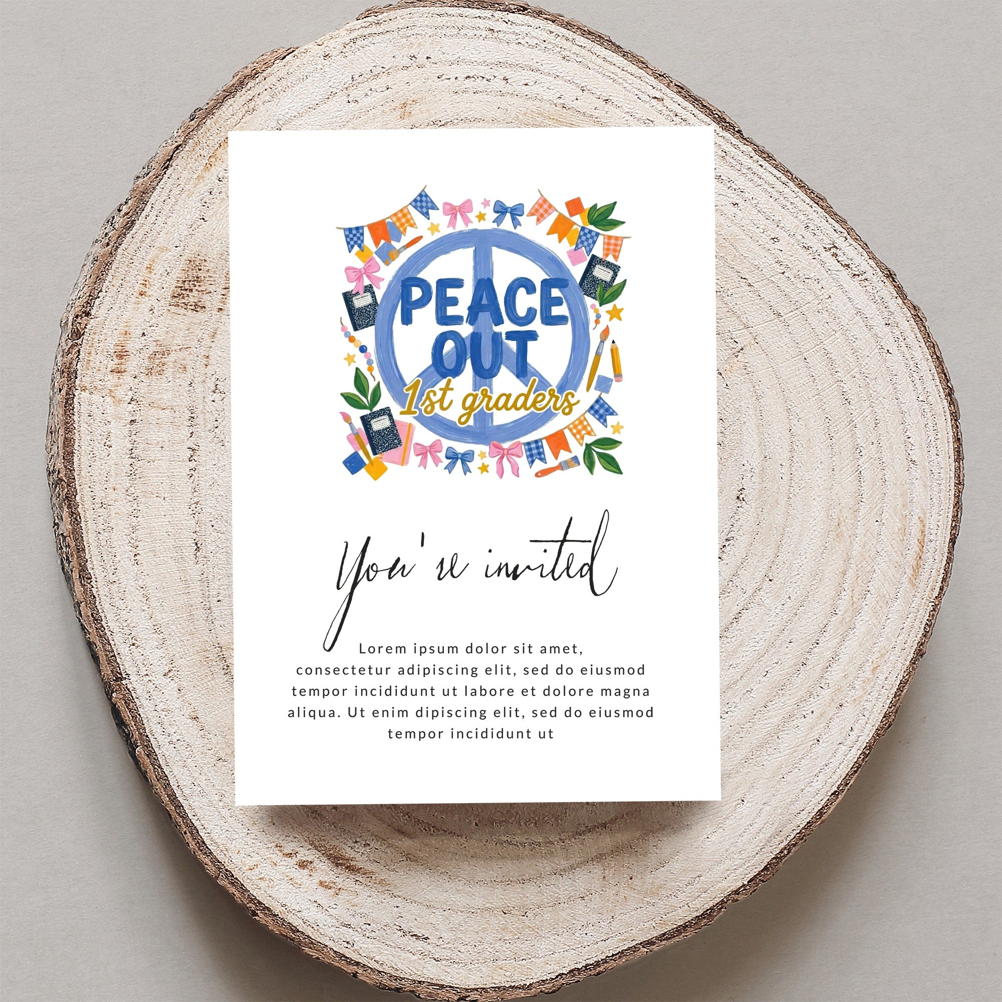 Invitation for "Peace Out 1st Graders" with floral and peace sign graphics.