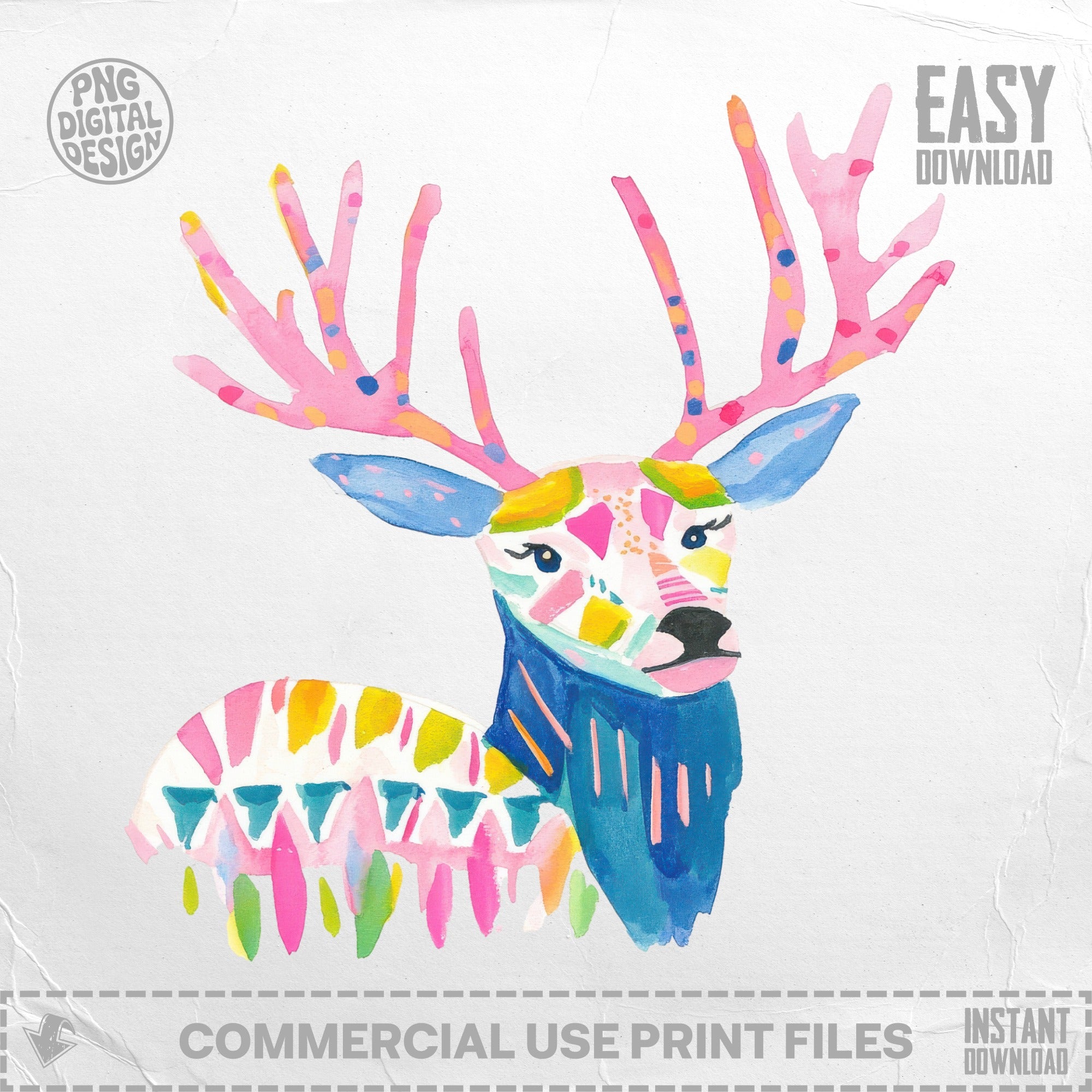 Watercolor deer illustration with abstract colorful patterns, "Easy Download" text.