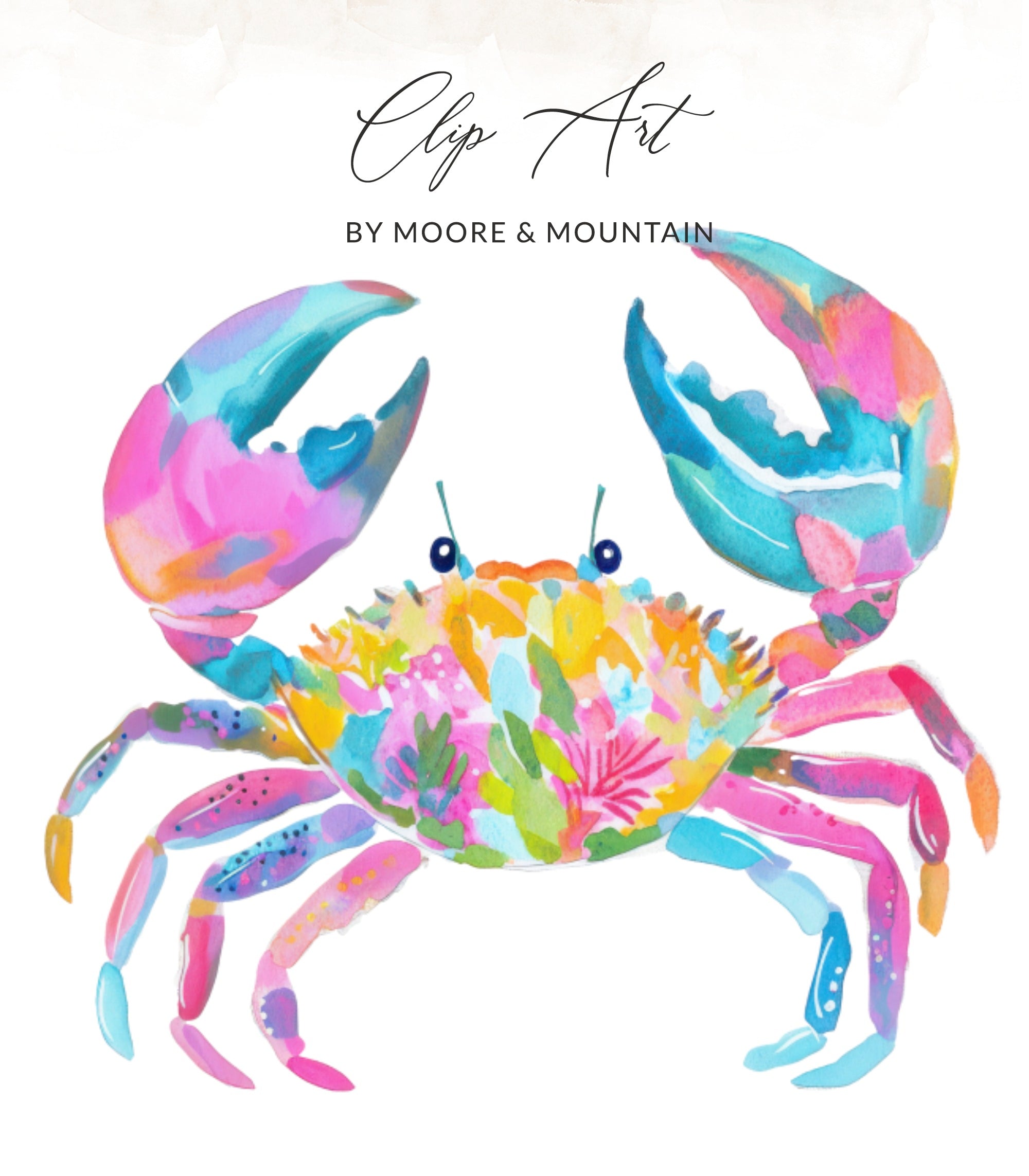 Colorful watercolor crab with floral and coral patterns.