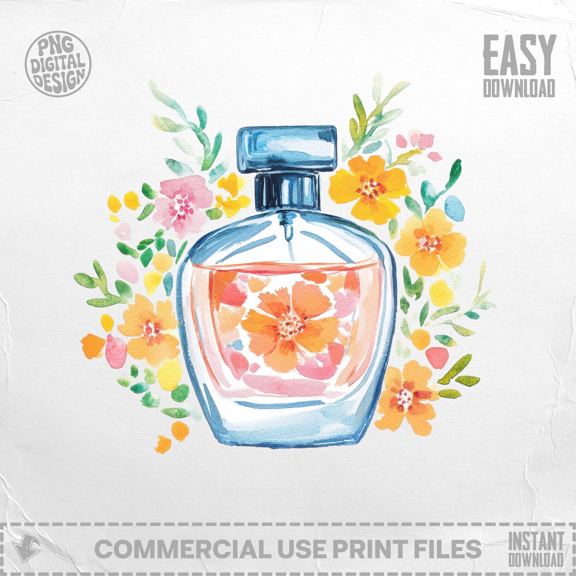 Glass perfume bottle with floral watercolor design.