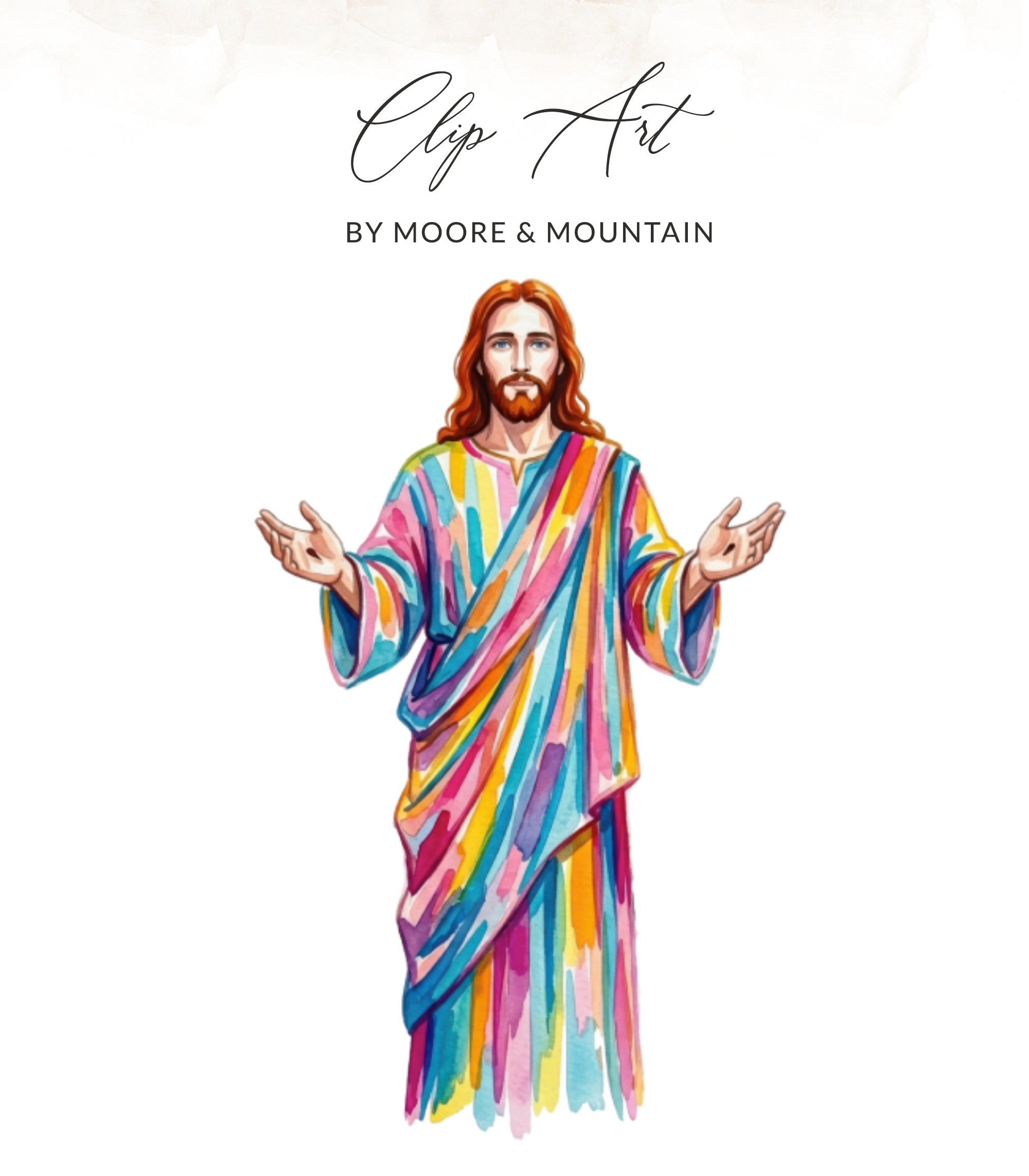 Jesus in a colorful, rainbow-striped robe with arms outstretched.