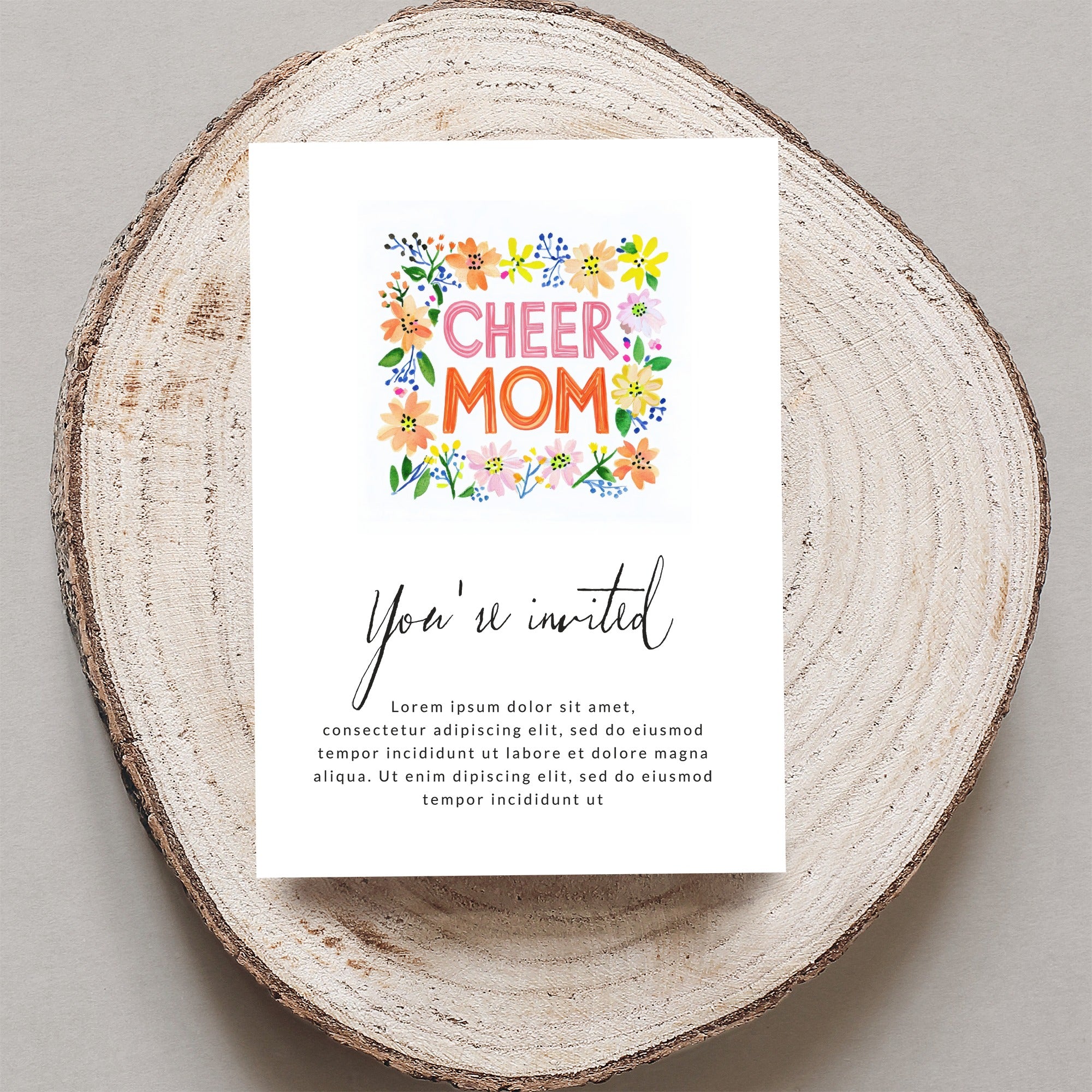 Cheer Mom invitation with floral accents and placeholder text.