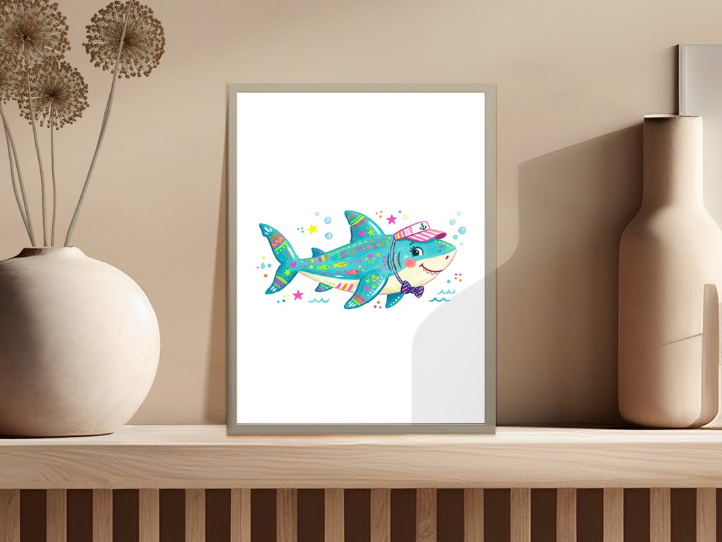 Colorful cartoon shark wearing a cap and bow tie on a shelf.