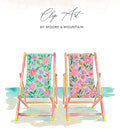 Two floral patterned beach chairs with watercolor splash background.