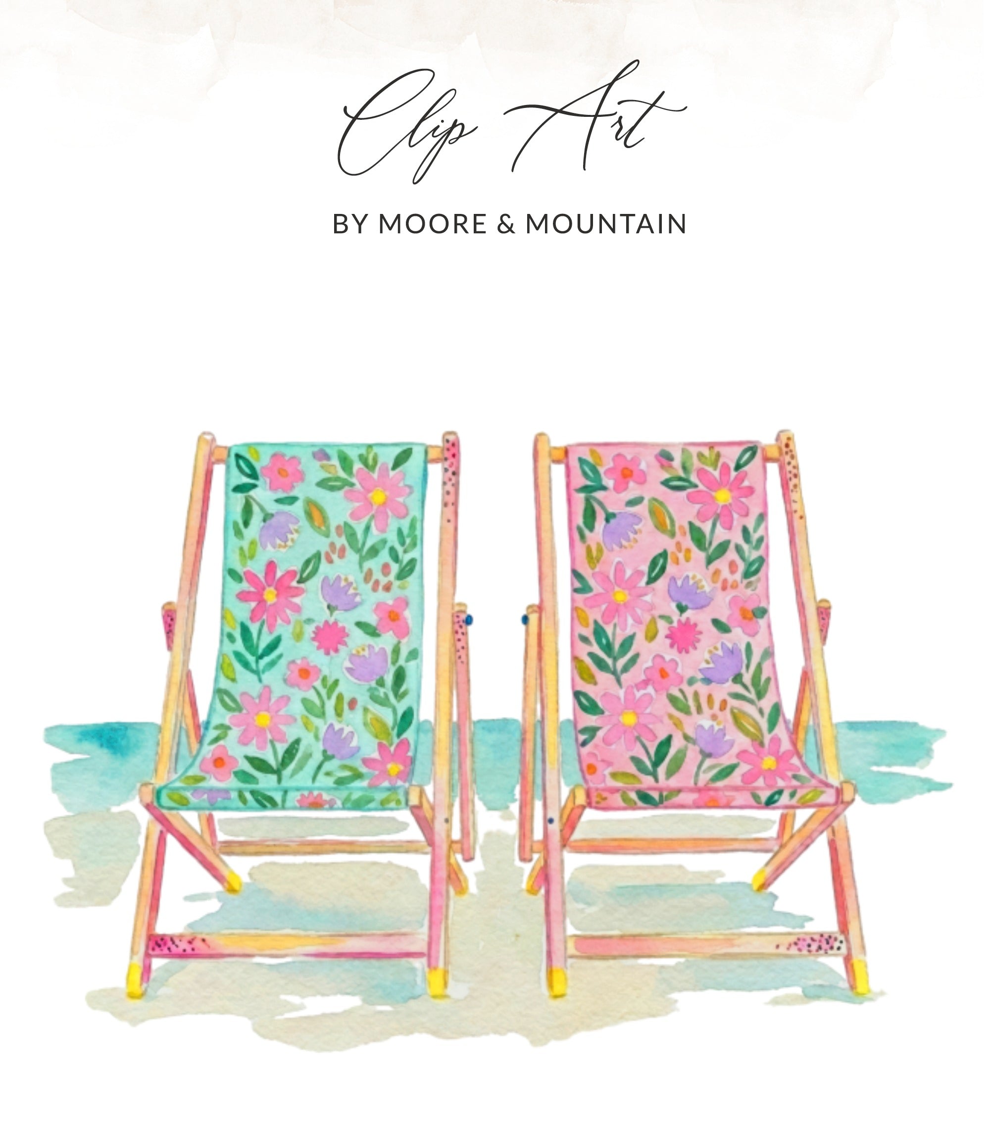 Two floral patterned beach chairs with watercolor splash background.