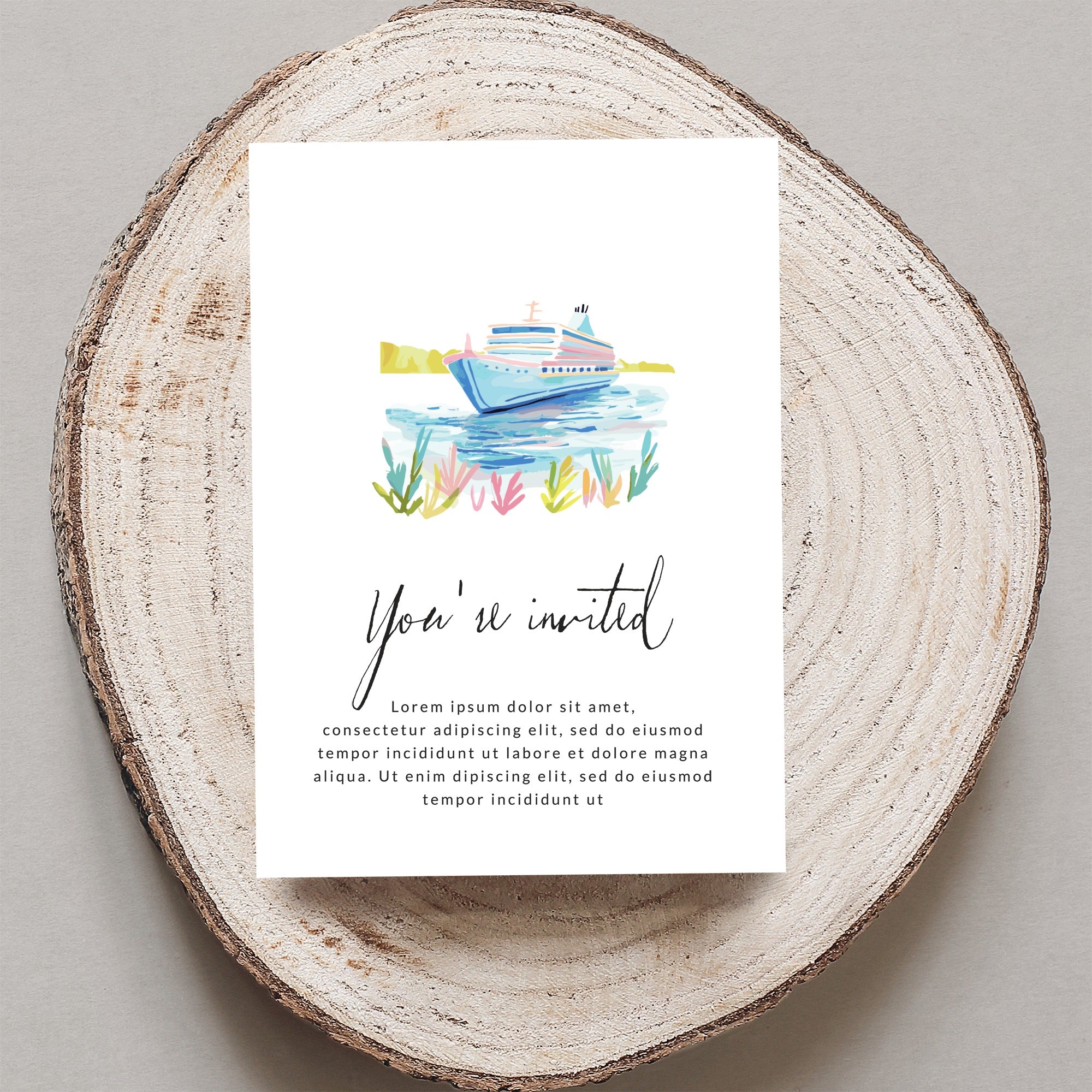 Invitation card with a cruise ship illustration and placeholder text.