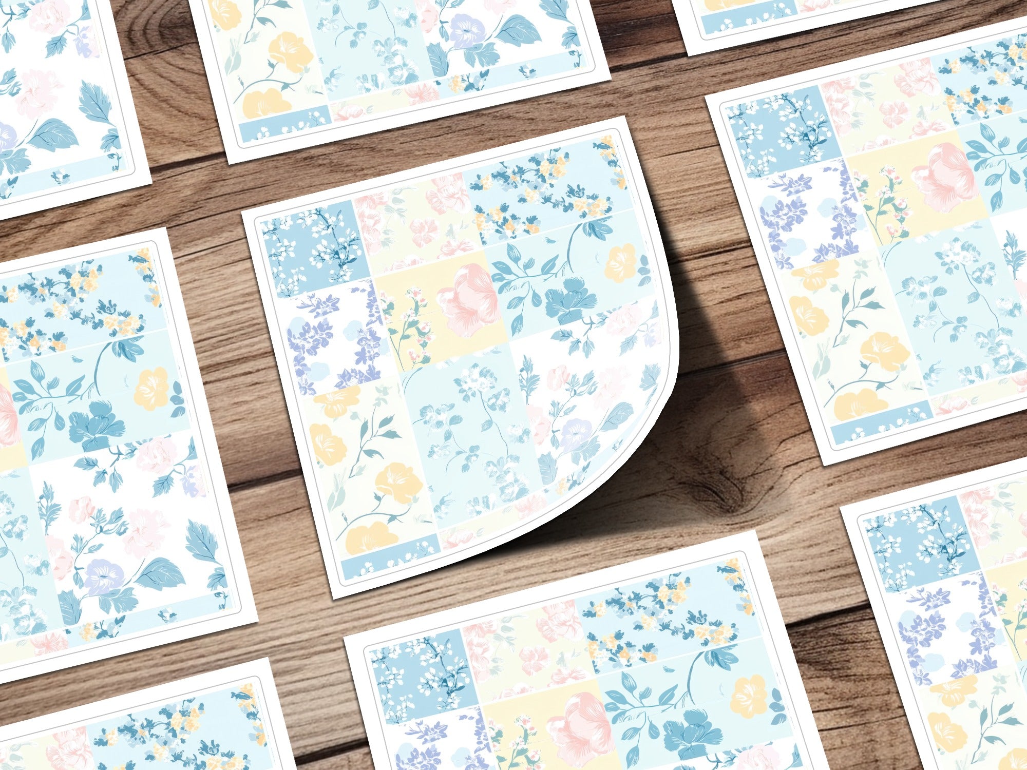 Pastel Floral Patchwork Design on Wooden Surface Print