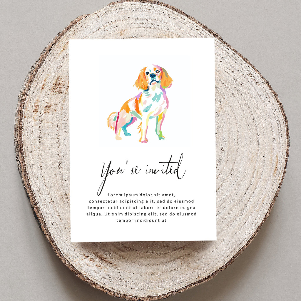Invitation with colorful dog illustration and "You're invited" text.