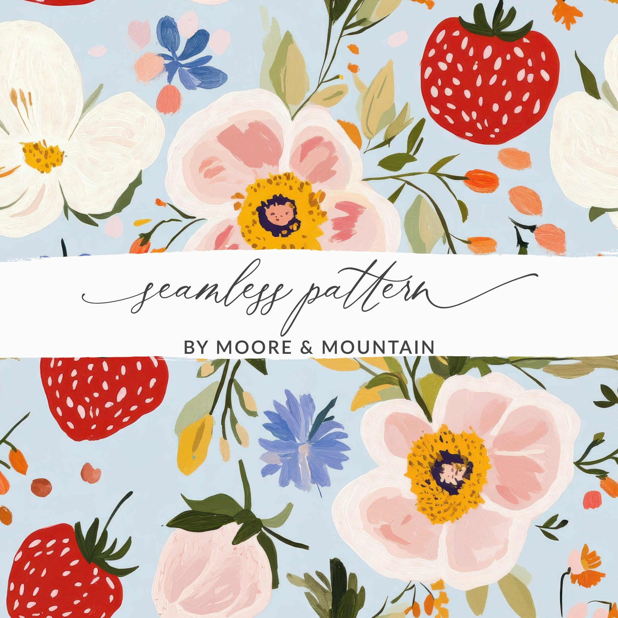 Abstract Floral Seamless Pattern, Blue, Modern Gouache Painted, Digital Paper, Floral Pattern, Flower Print, Fruit Pattern, Digital