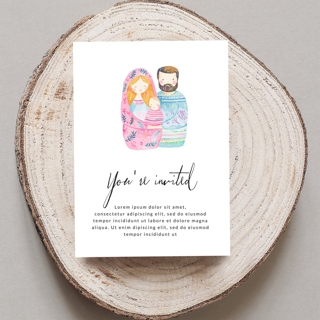 Invitation with watercolor family and placeholder text.