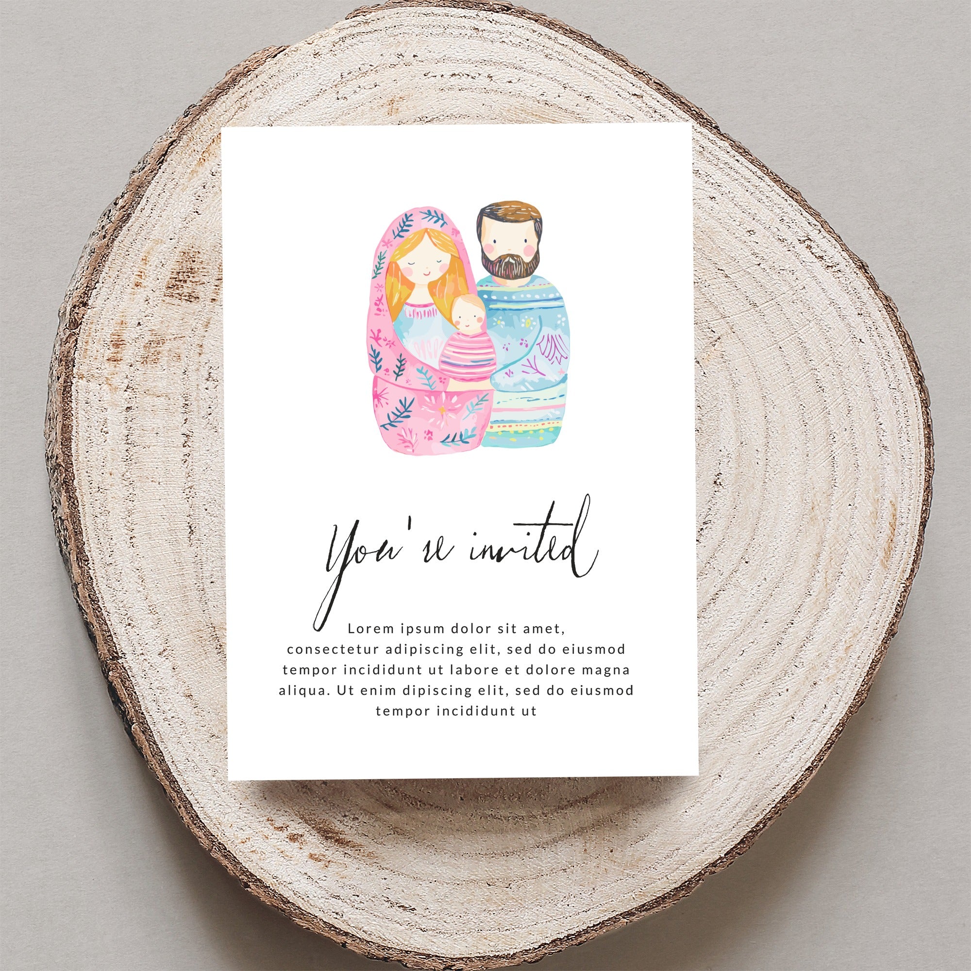 Invitation with watercolor family and placeholder text.