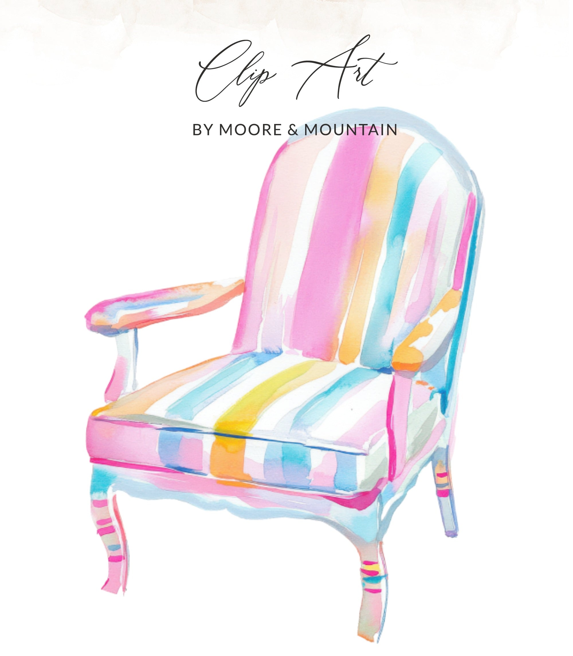 Watercolor clip art of a striped armchair by Moore & Mountain.