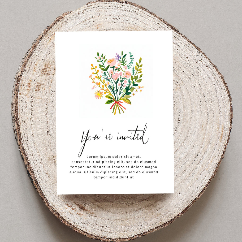 Invitation with floral bouquet and "You're invited" text.