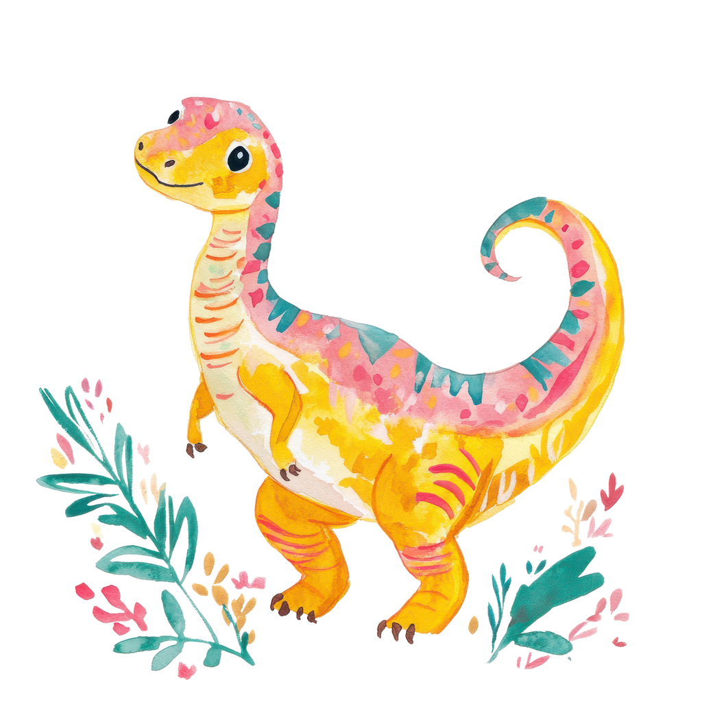 Watercolor illustration of a smiling, colorful dinosaur among foliage.