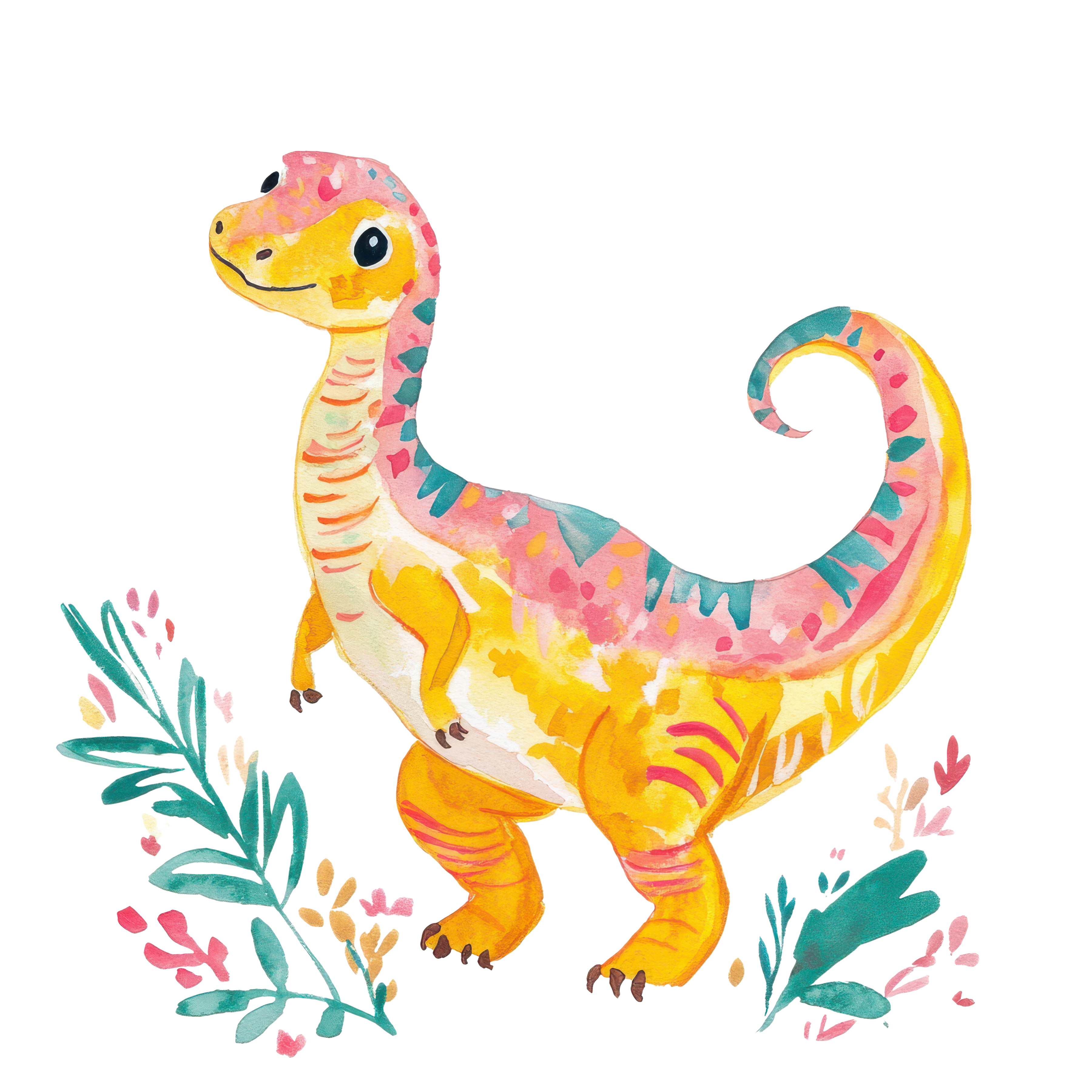 Watercolor illustration of a smiling, colorful dinosaur among foliage.