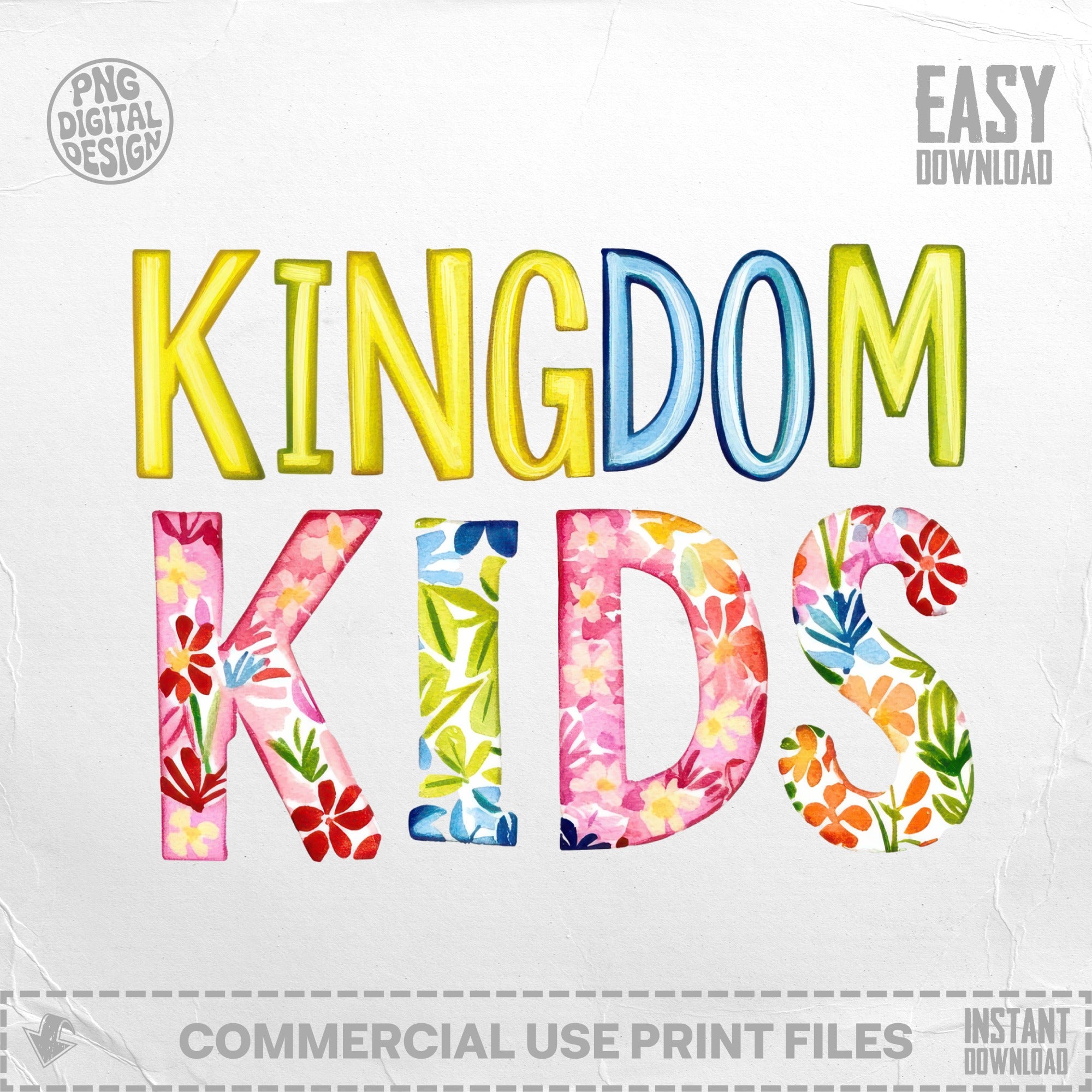 Kingdom Kids watercolor lettering with floral accents, easy download.