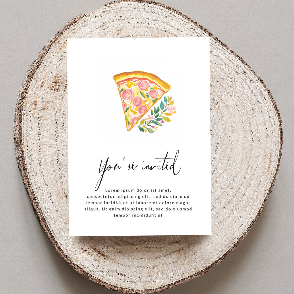 Wedding invitation with pizza illustration and "You're invited" text.