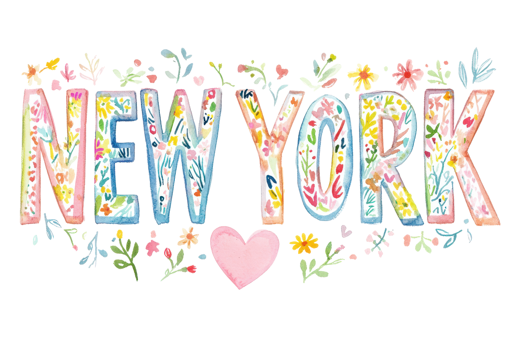 Floral watercolor text spelling "NEW YORK" with a pink heart.