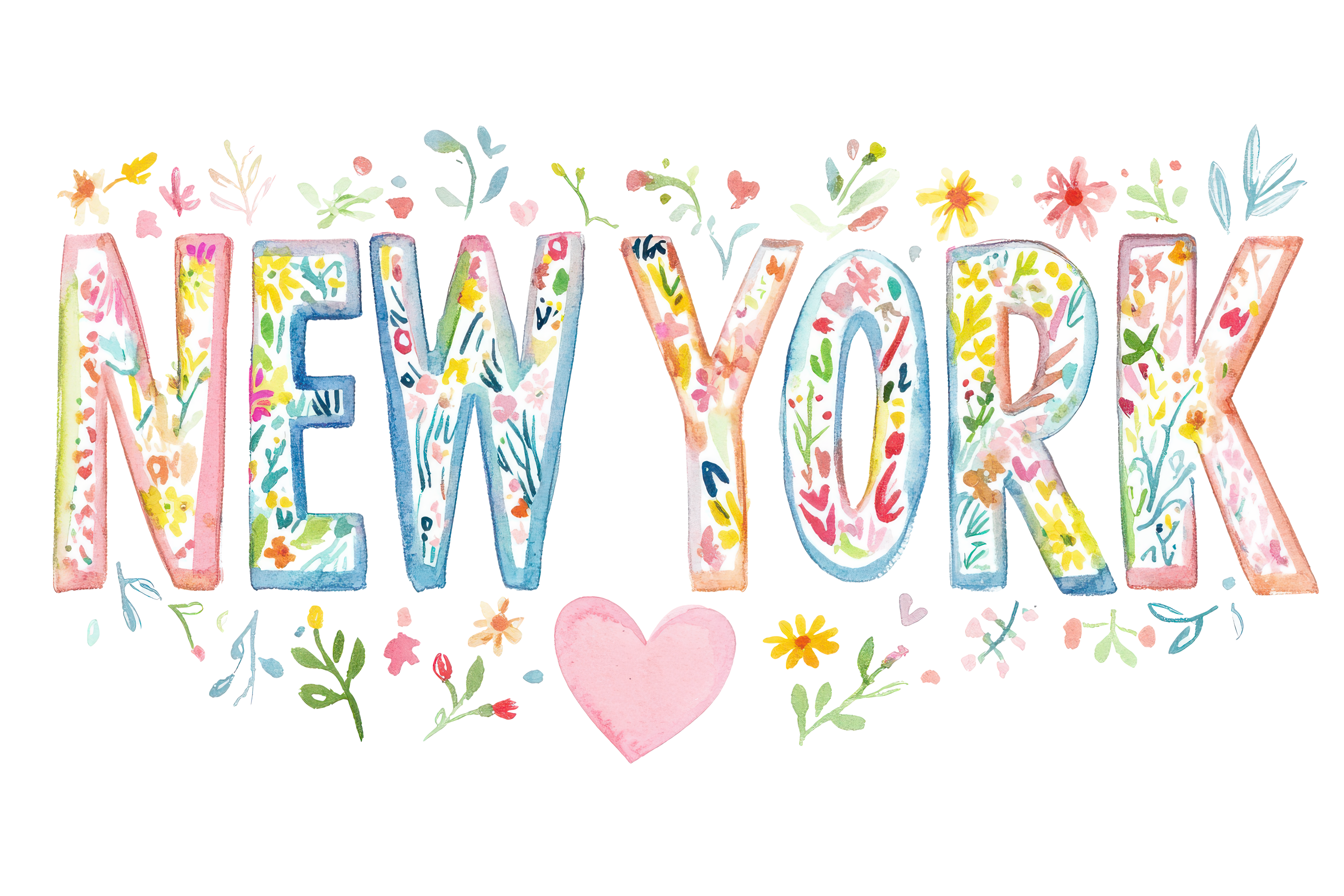 Floral watercolor text spelling "NEW YORK" with a pink heart.