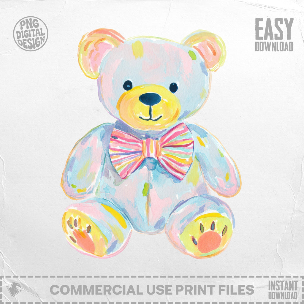 Watercolor teddy bear with colorful striped bow, sitting facing forward.