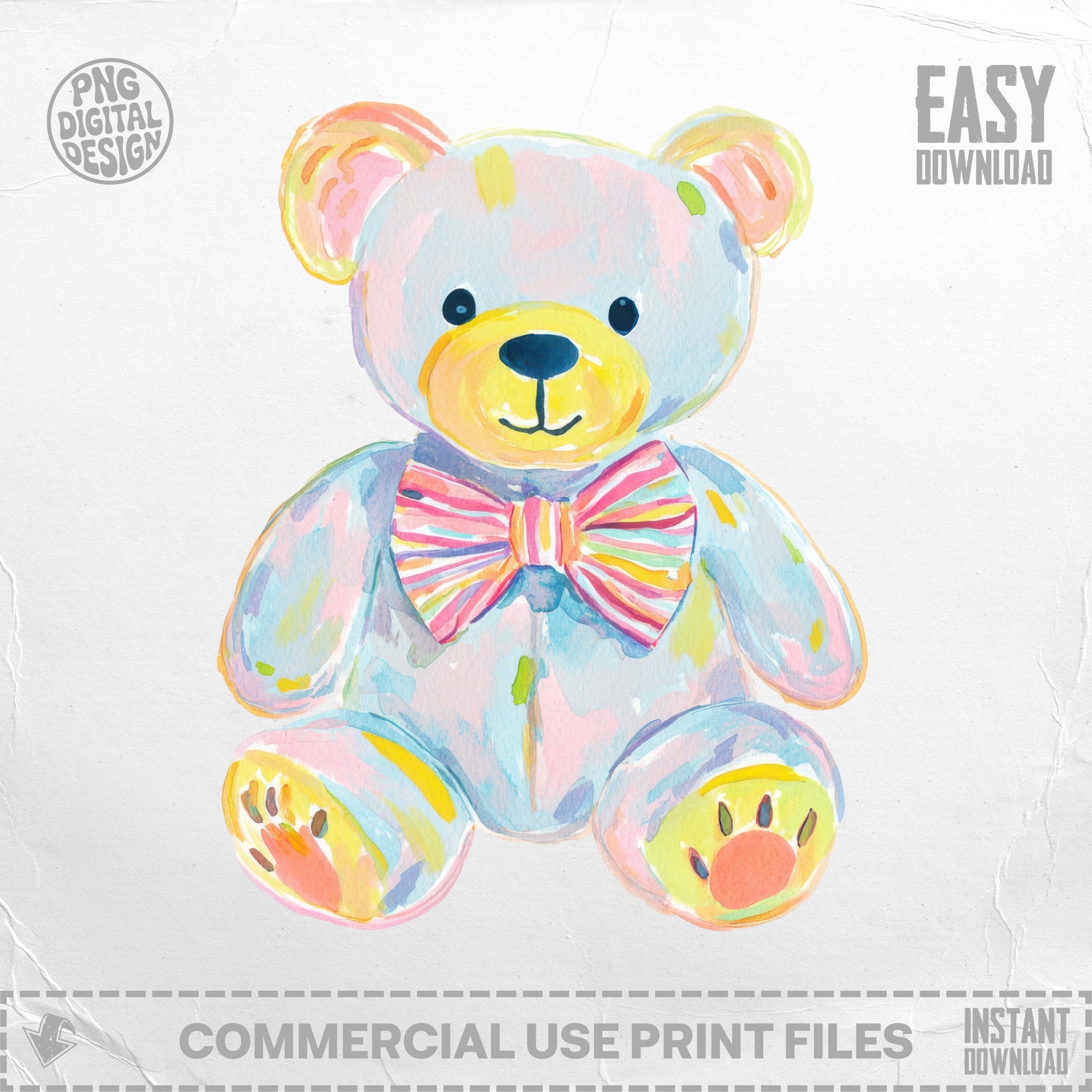 Watercolor teddy bear with colorful striped bow, sitting facing forward.