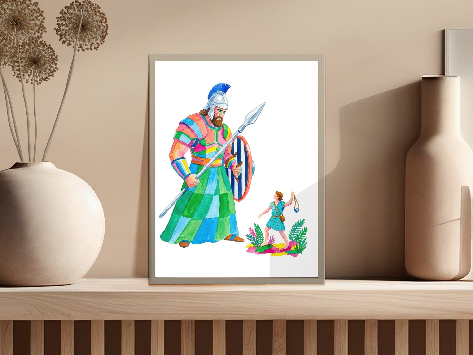 David and Goliath illustration in colorful style with spear and sling.