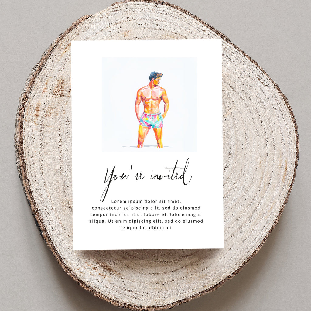 Invitation card with "You're invited" text and watercolor illustration of a man.