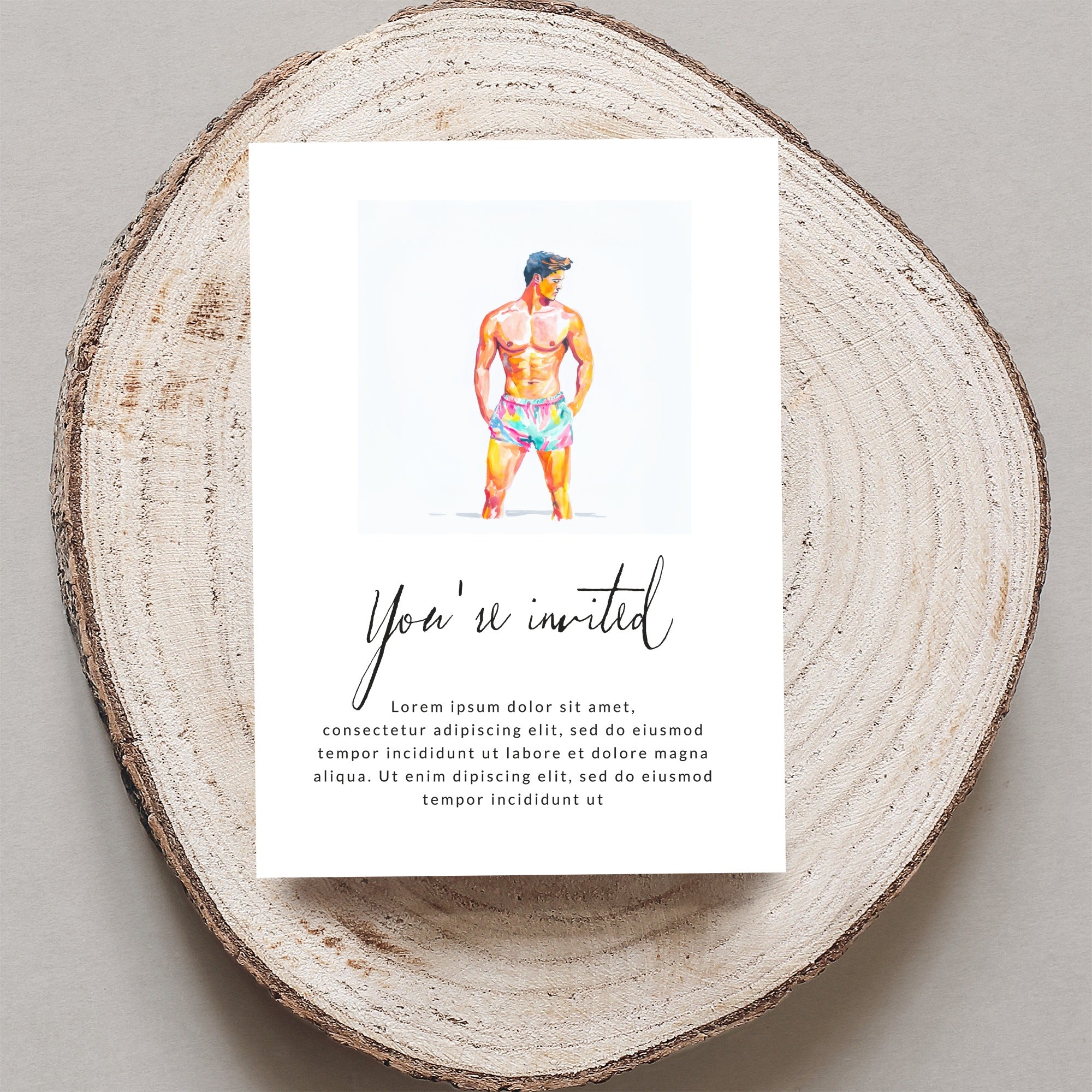Invitation card with "You're invited" text and watercolor illustration of a man.