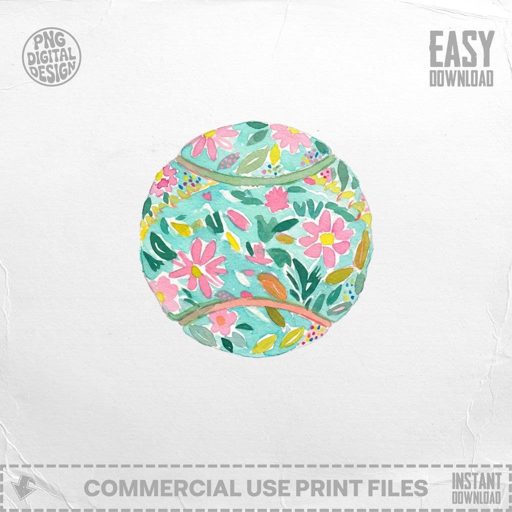 Watercolor tennis ball with floral pattern, "Easy Download" text.
