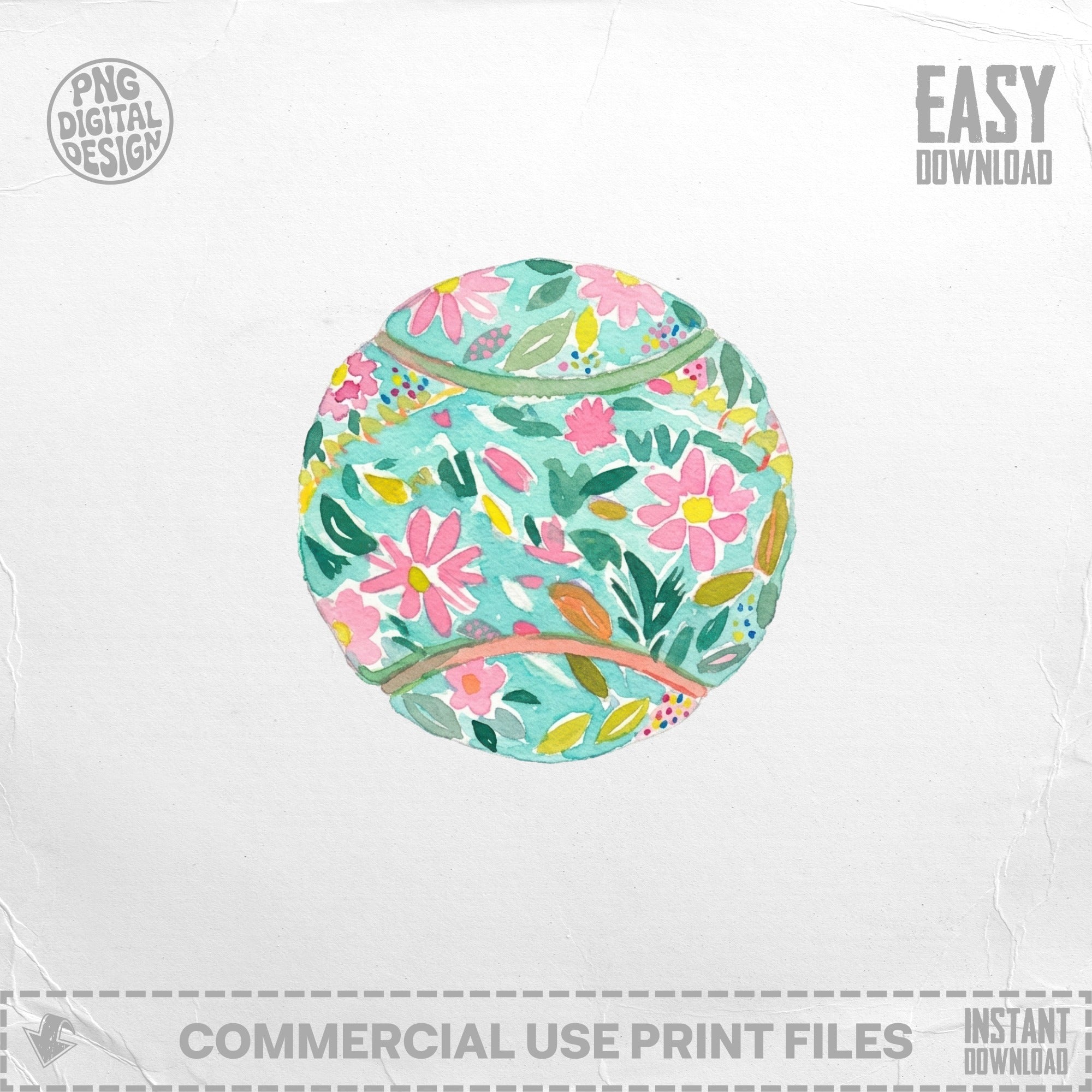 Watercolor tennis ball with floral pattern, "Easy Download" text.