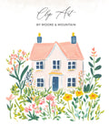 Pink house with blue door surrounded by colorful flowers.