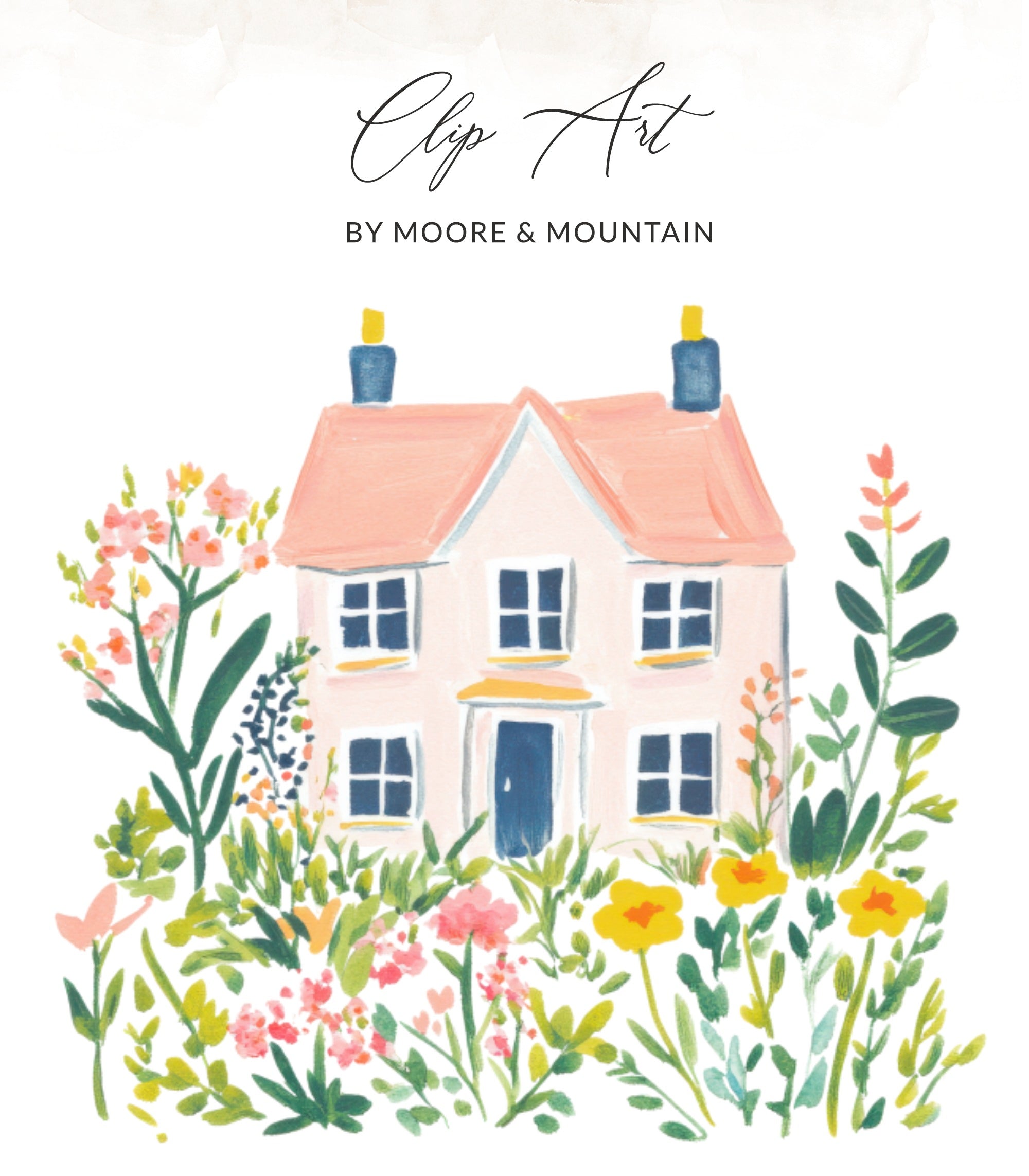 Pink house with blue door surrounded by colorful flowers.