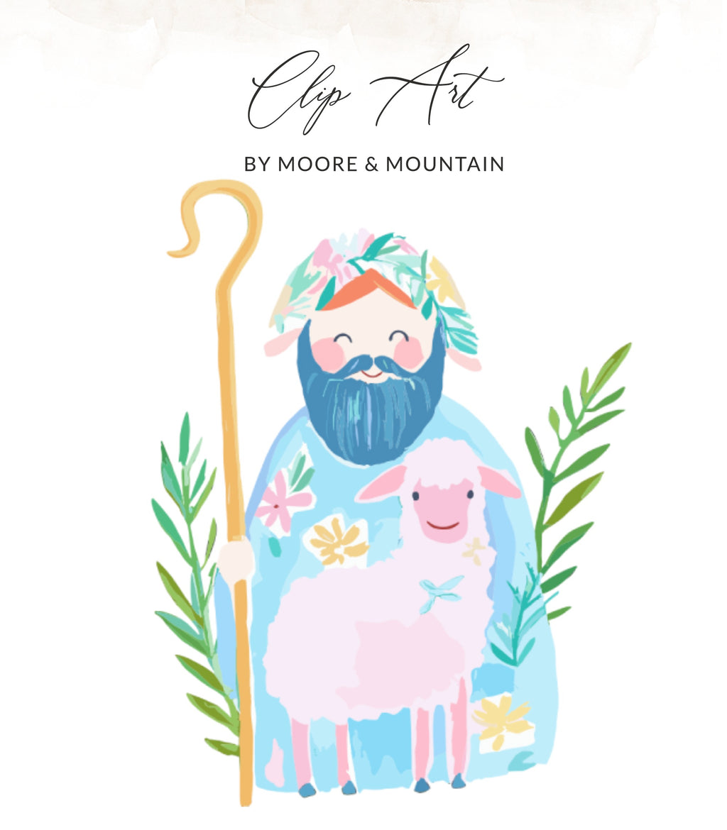 Cartoon shepherd with sheep and floral accents.