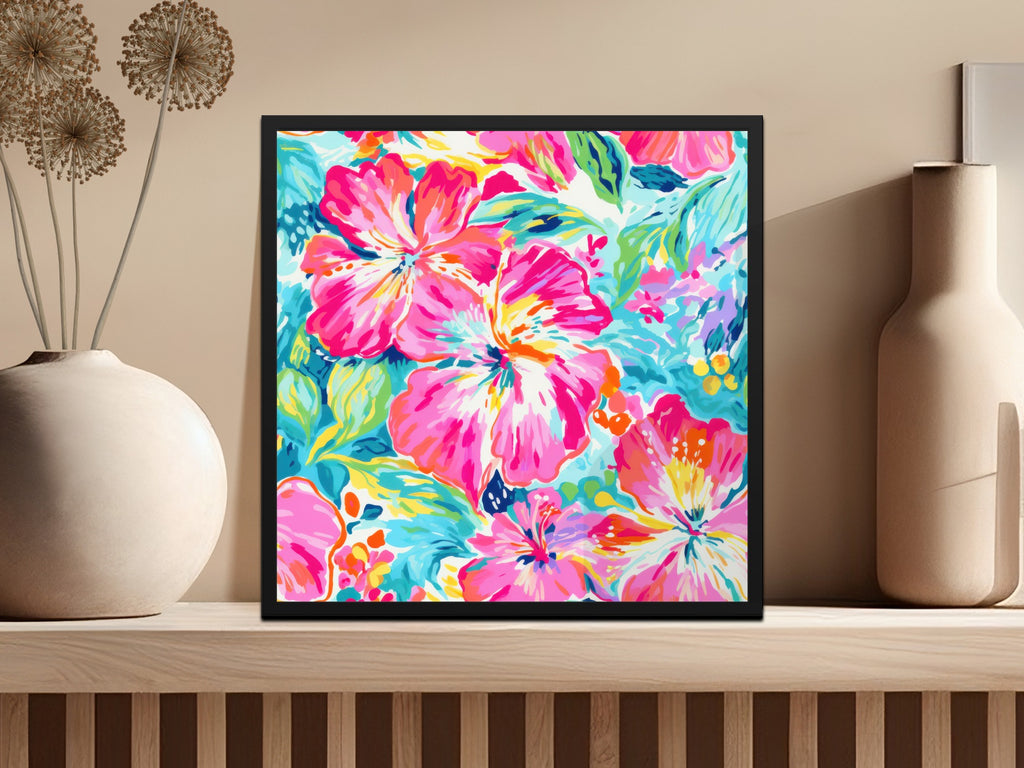 Framed colorful floral art print featuring pink and yellow hibiscus flowers.