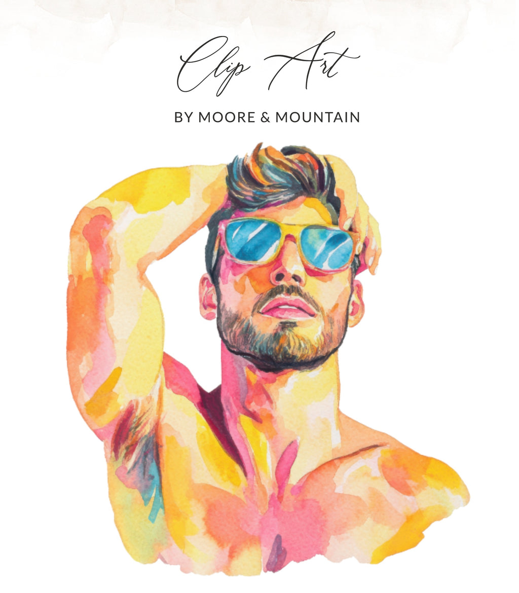 Watercolor painting of a man wearing sunglasses, "Clip Art by Moore & Mountain" text above.