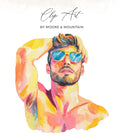 Watercolor painting of a man wearing sunglasses, "Clip Art by Moore & Mountain" text above.