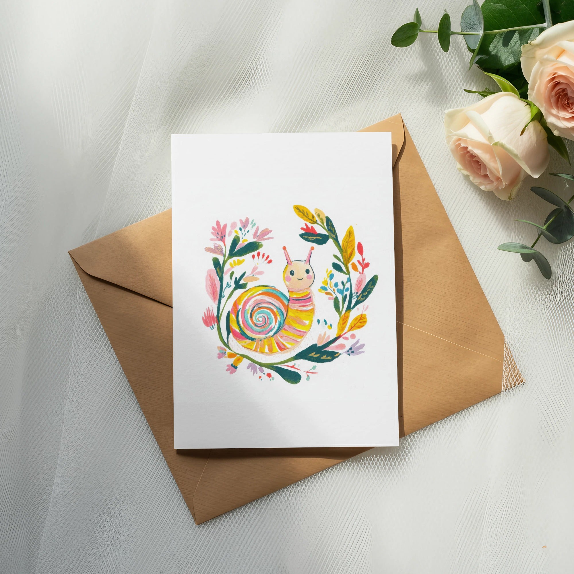 Colorful snail illustration on a white card atop a brown envelope with roses.