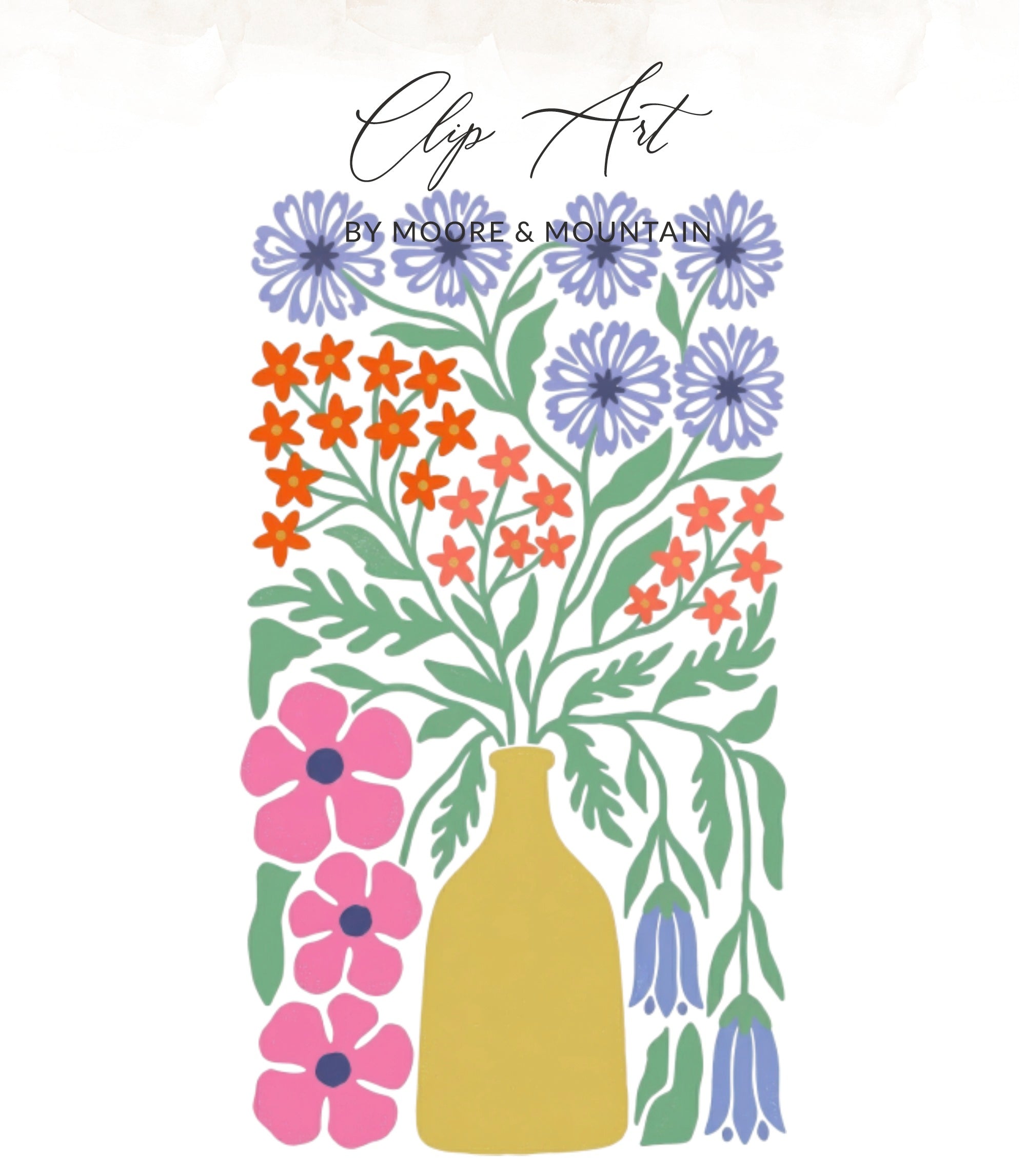 Yellow vase with stylized flowers in pink, blue, and orange.