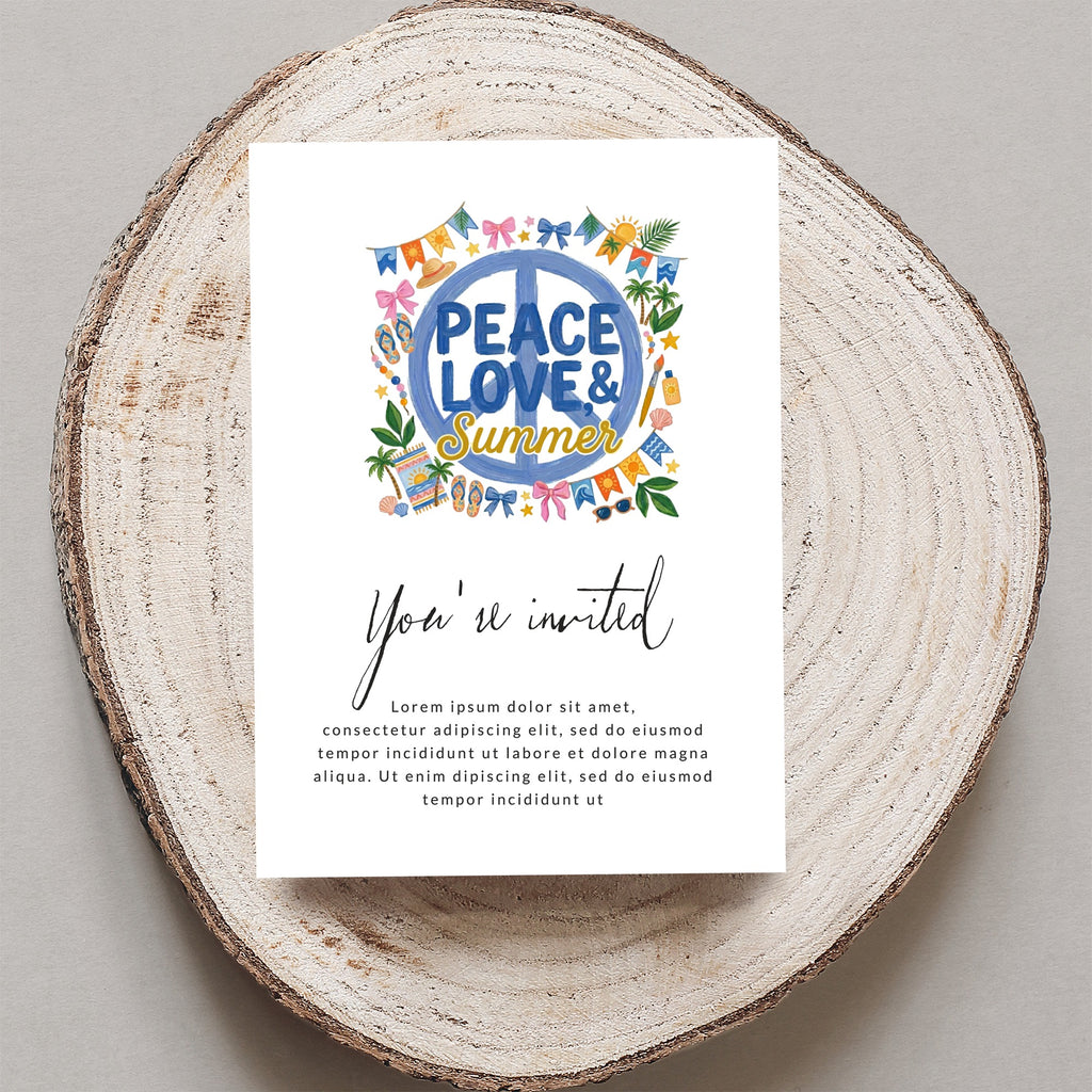 Peace, Love & Summer invitation with floral border, and placeholder text.