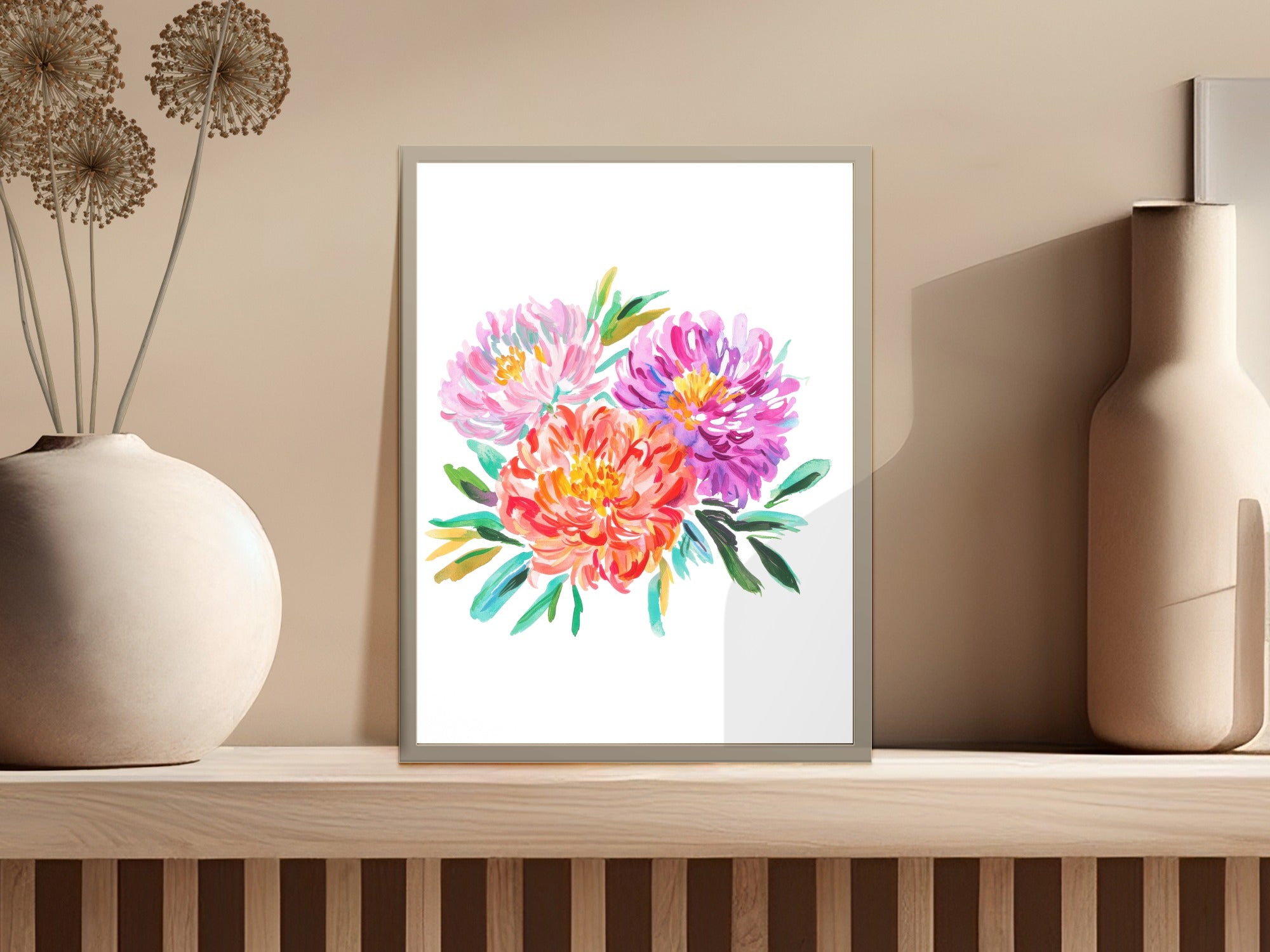 Watercolor painting of colorful pink, orange, and purple flowers in a vase.