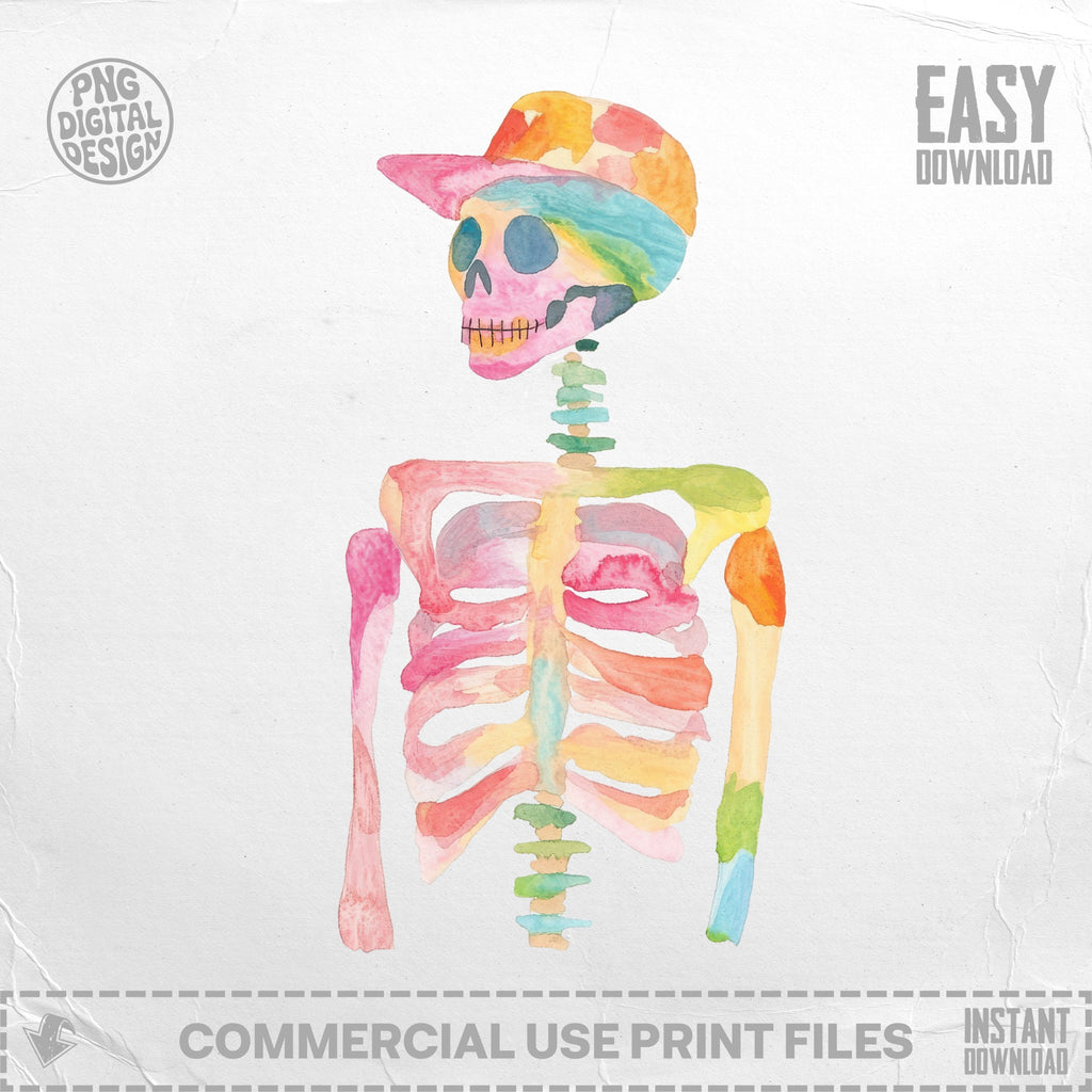 Watercolor skeleton with colorful bones and a baseball cap.