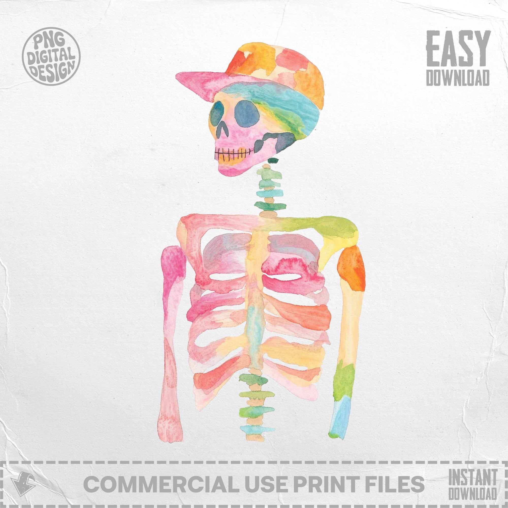 Watercolor skeleton with colorful bones and a baseball cap.