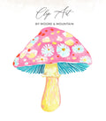 Pink mushroom clip art with yellow stem and blue gills, labeled "Clip Art BY MOORE & MOUNTAIN".