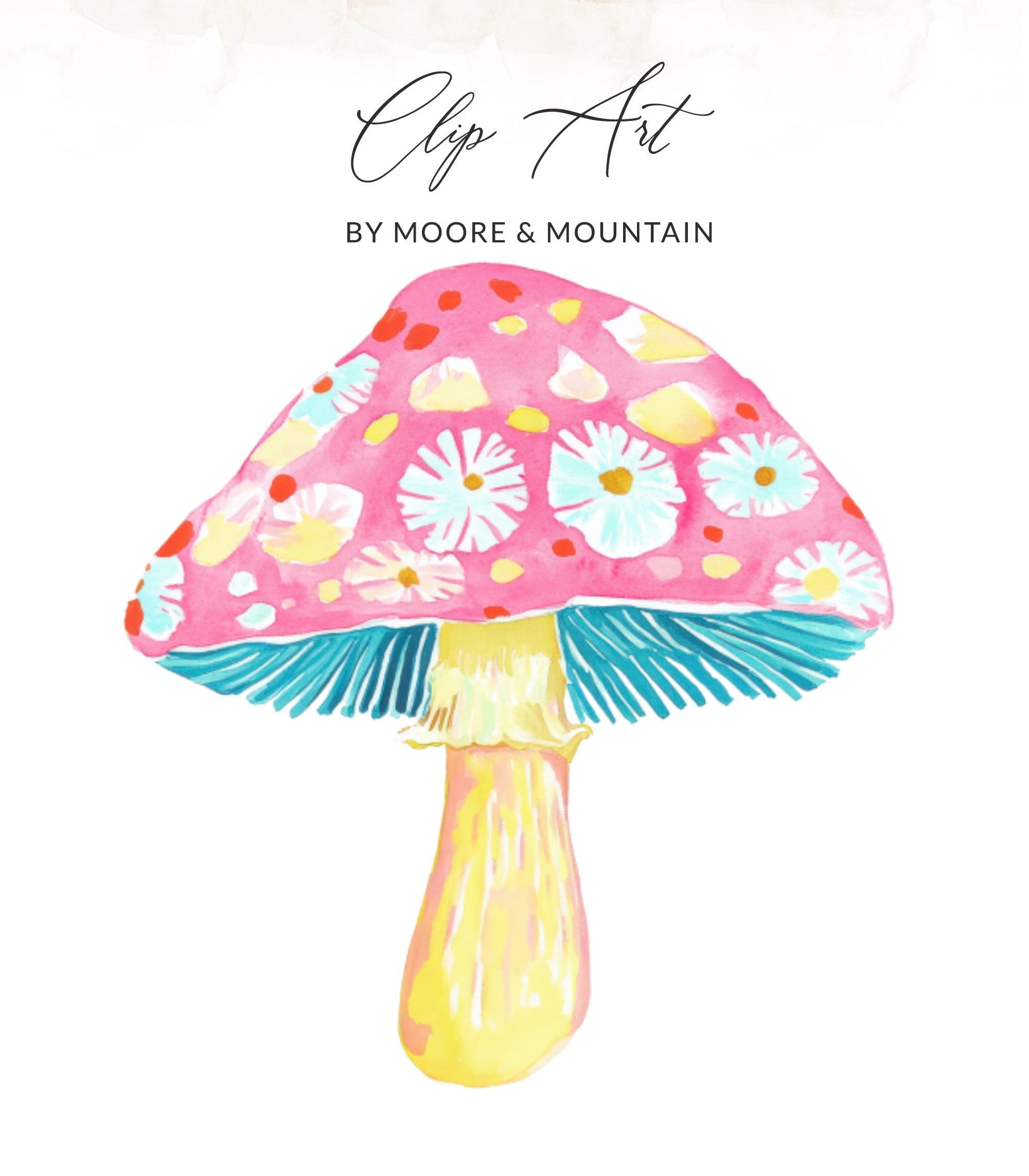 Pink mushroom clip art with yellow stem and blue gills, labeled "Clip Art BY MOORE & MOUNTAIN".