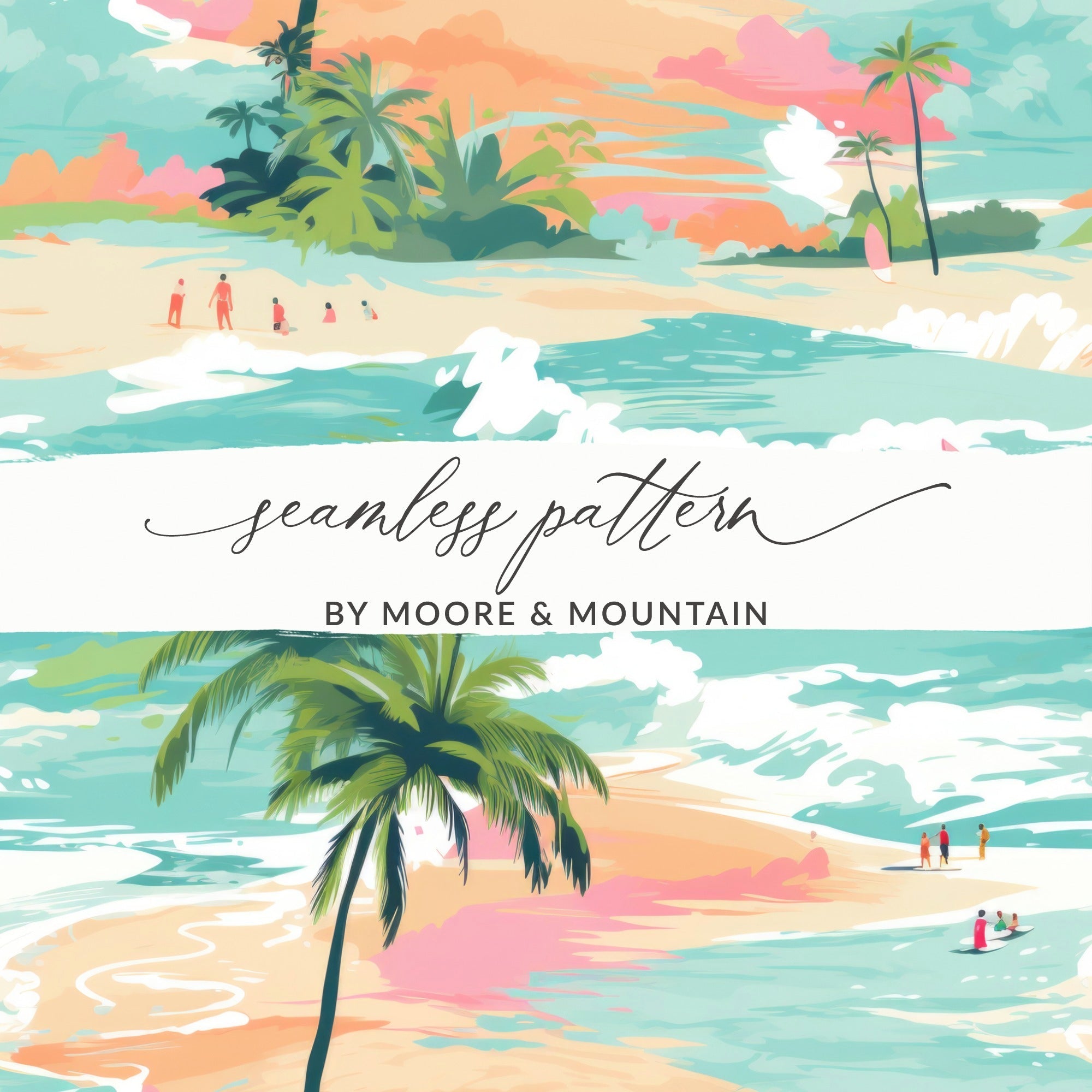 Beachy Seamless Pattern, Digital Tropical Summer Illustration, Summer Vibes Graphic, Beach, Palm Trees, Surfing, Digital Paper, Fabric Design - Moore and Mountain