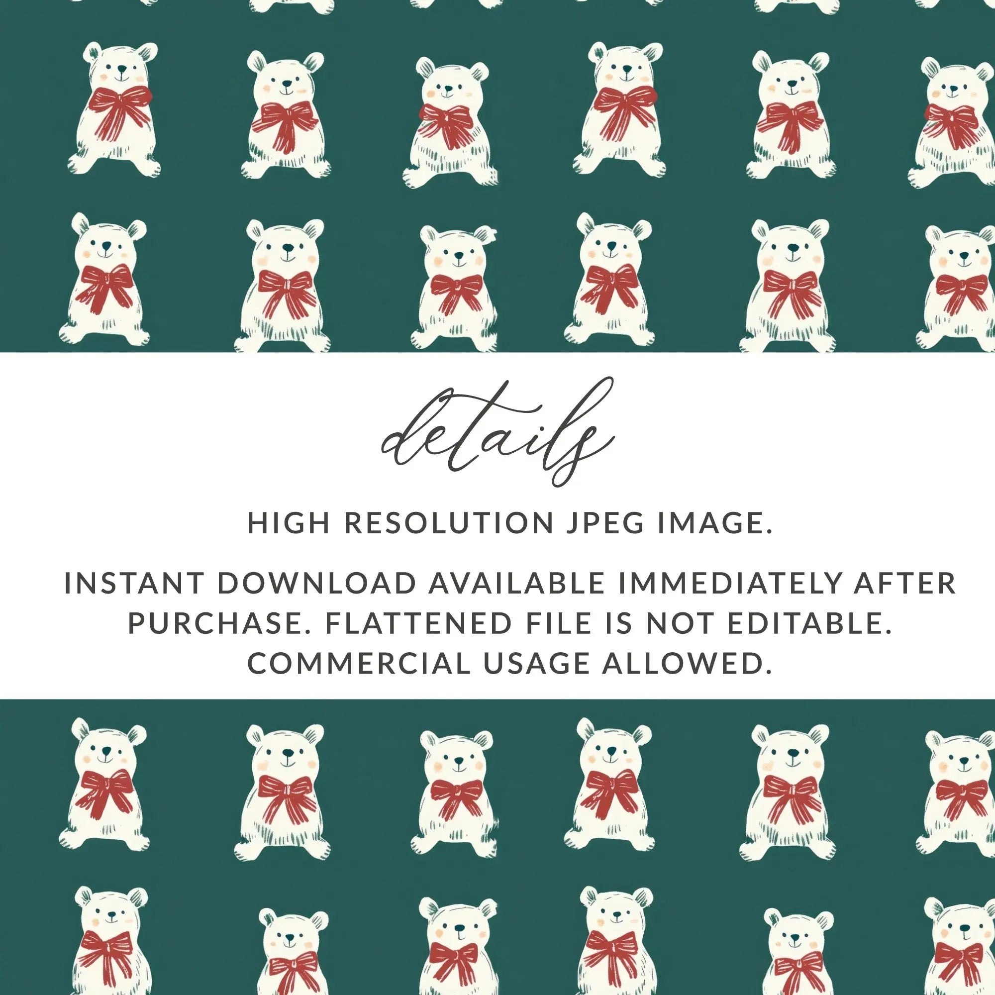 Bear Digital Pattern, Seamless Pattern, Cute Animal Print, Repeating Polar Bear Design, Forest Green Background, Bear with Red Bow - Moore and Mountain